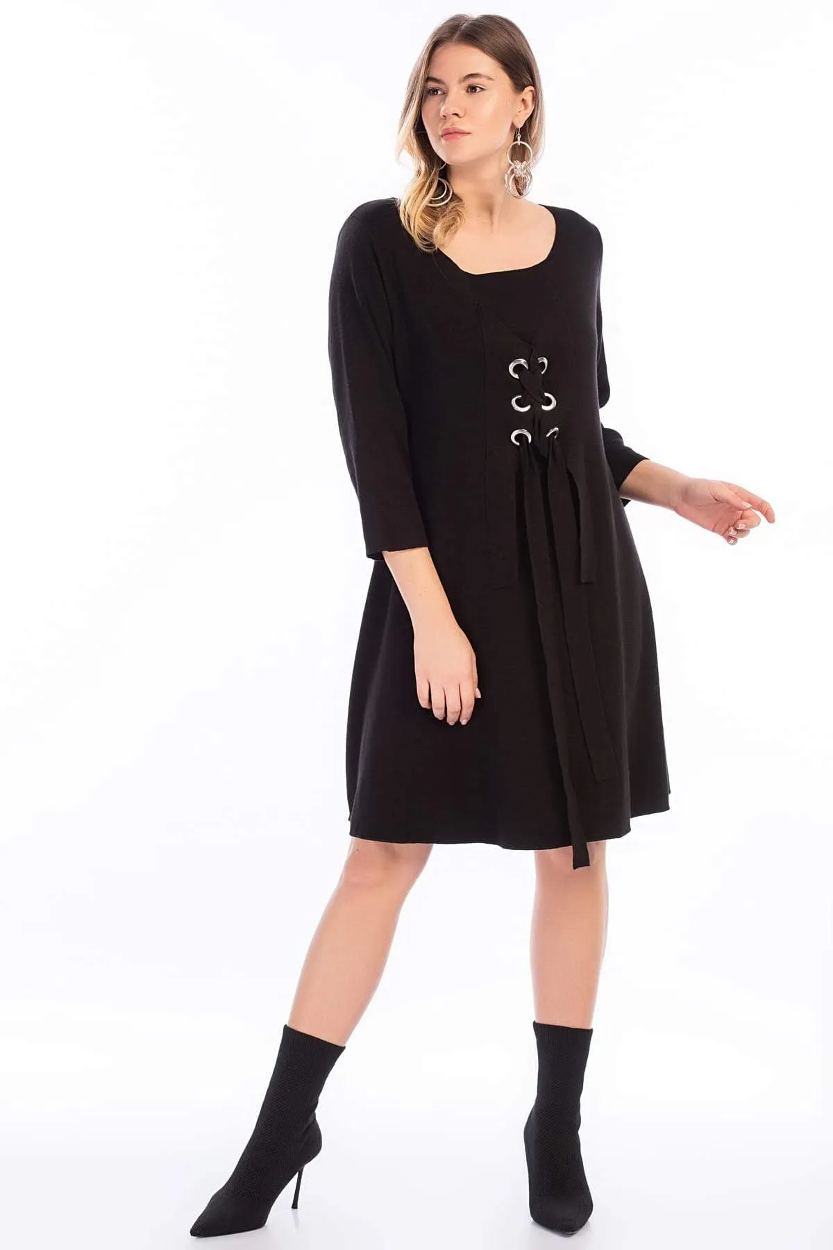 13052 Black Lace Up Shift Dress