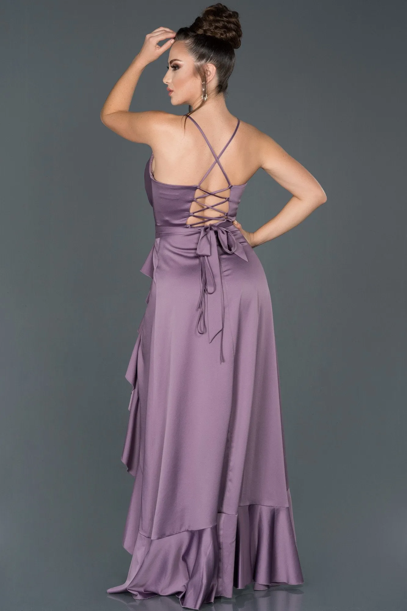 16034 Lilac Ruffle Slit Satin Dress