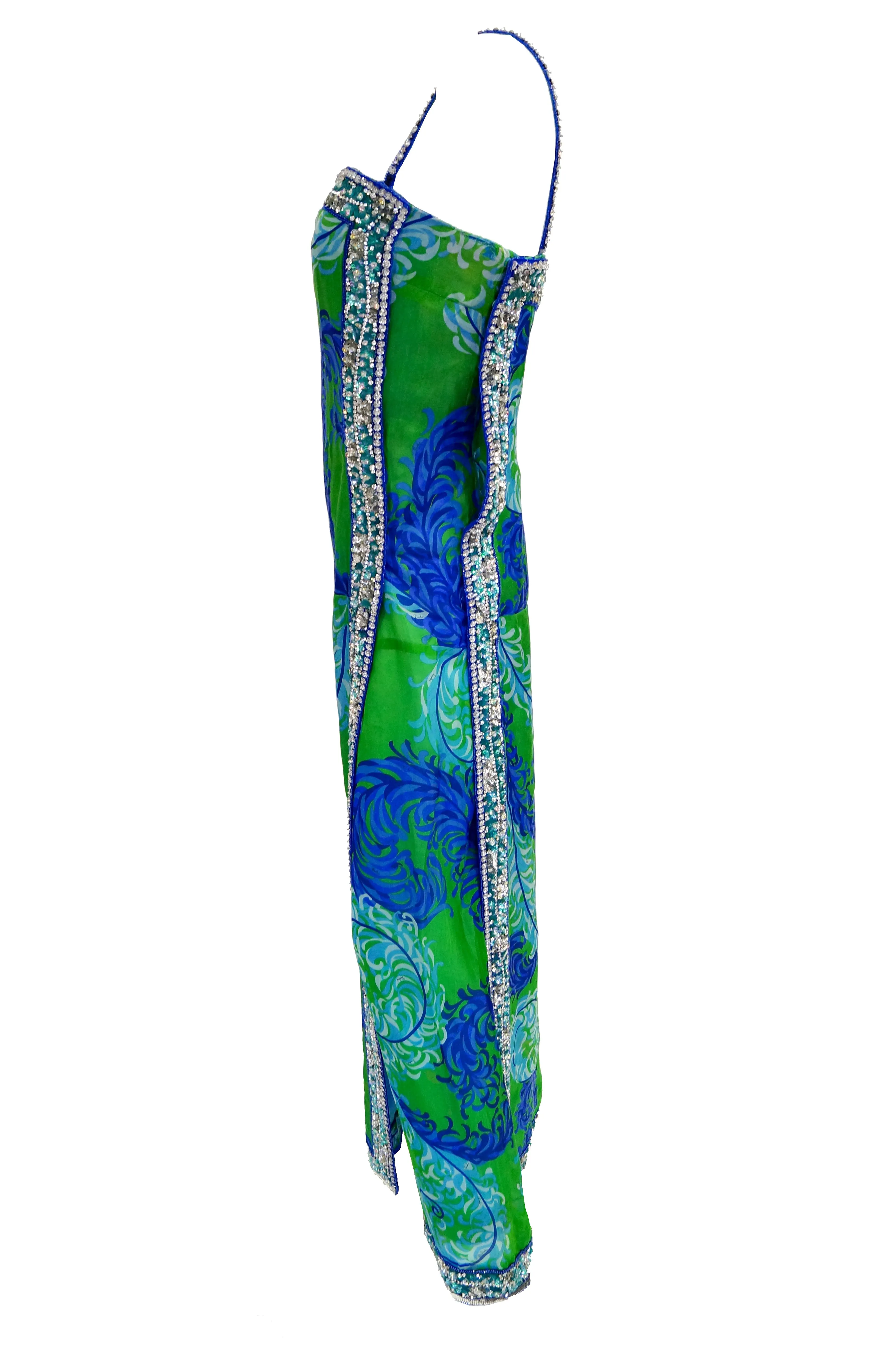 1960s Emilio Pucci Couture Plumage Print Rhinestone Palazzo Pant Dress