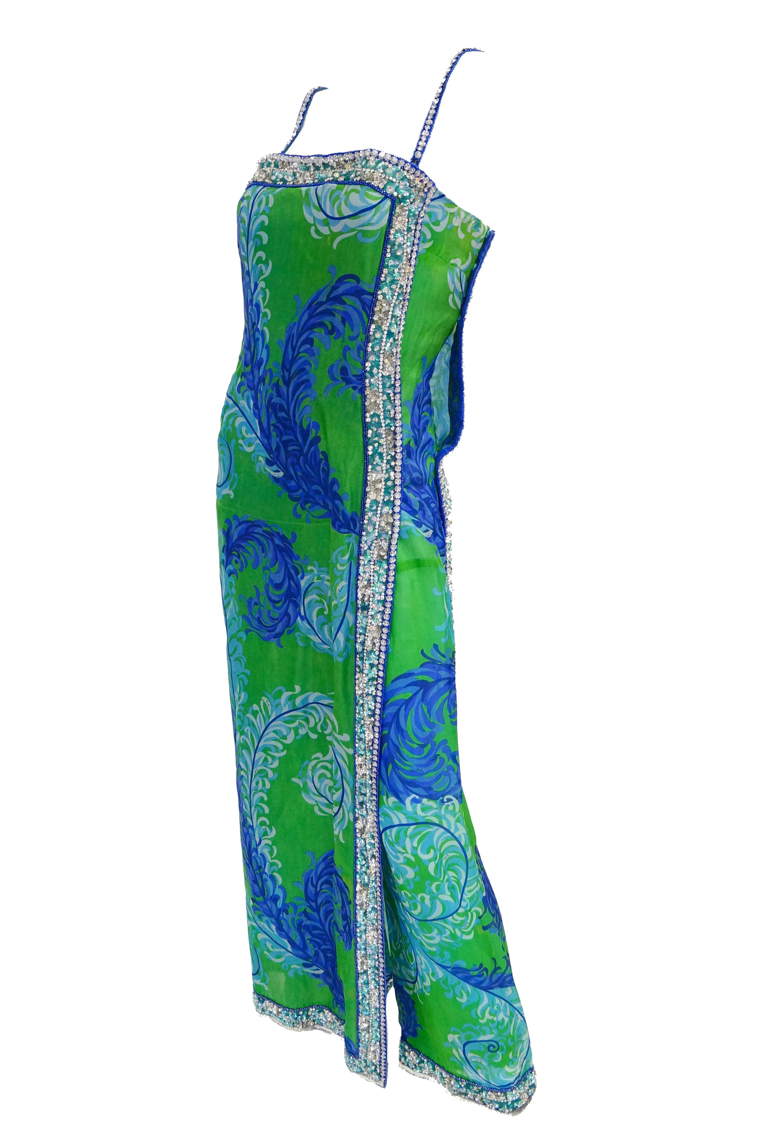 1960s Emilio Pucci Couture Plumage Print Rhinestone Palazzo Pant Dress