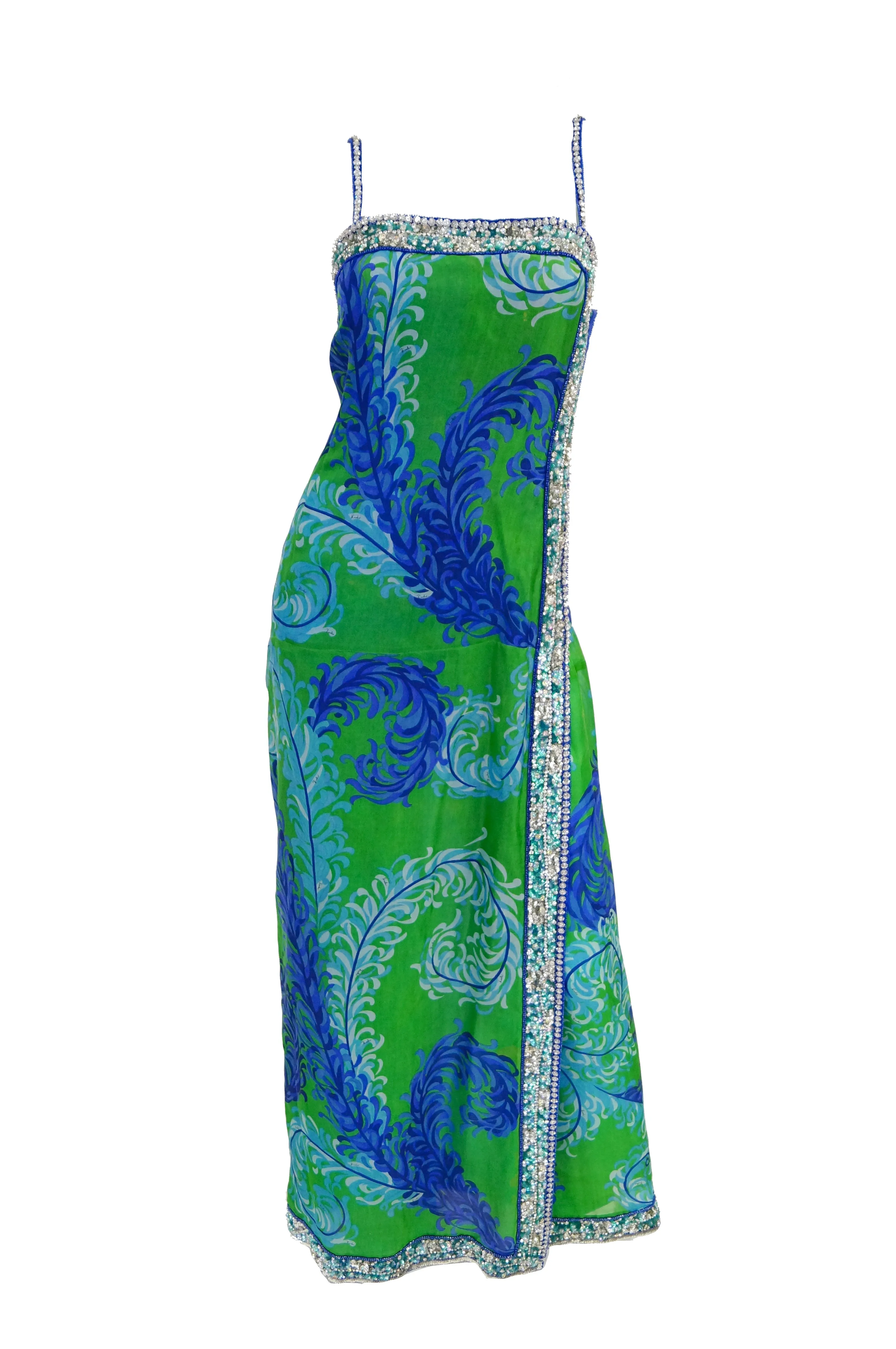 1960s Emilio Pucci Couture Plumage Print Rhinestone Palazzo Pant Dress