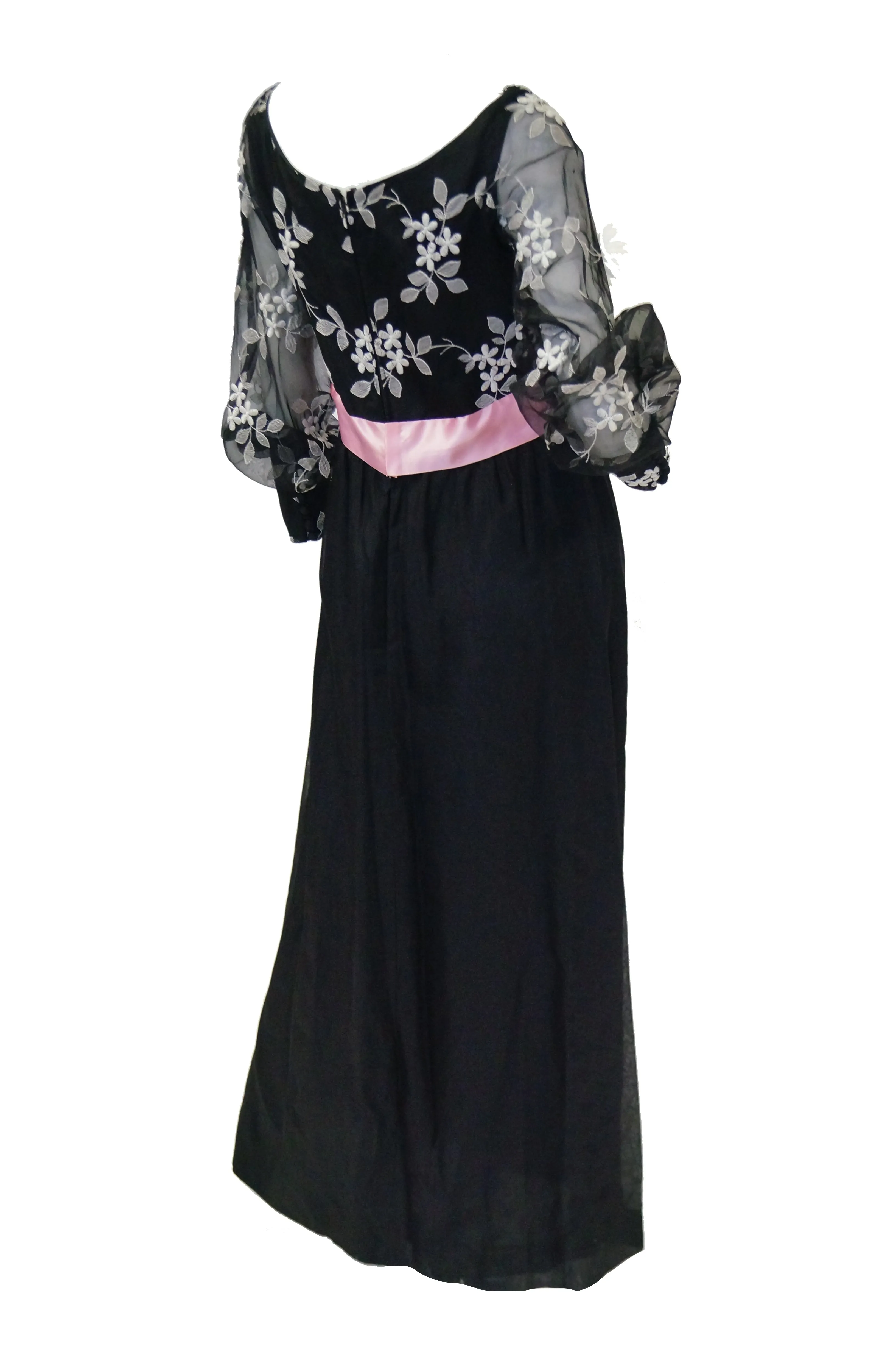 1960s Geoffrey Beene Black Evening Dress w/ White Floral Details & Pink Ribbon