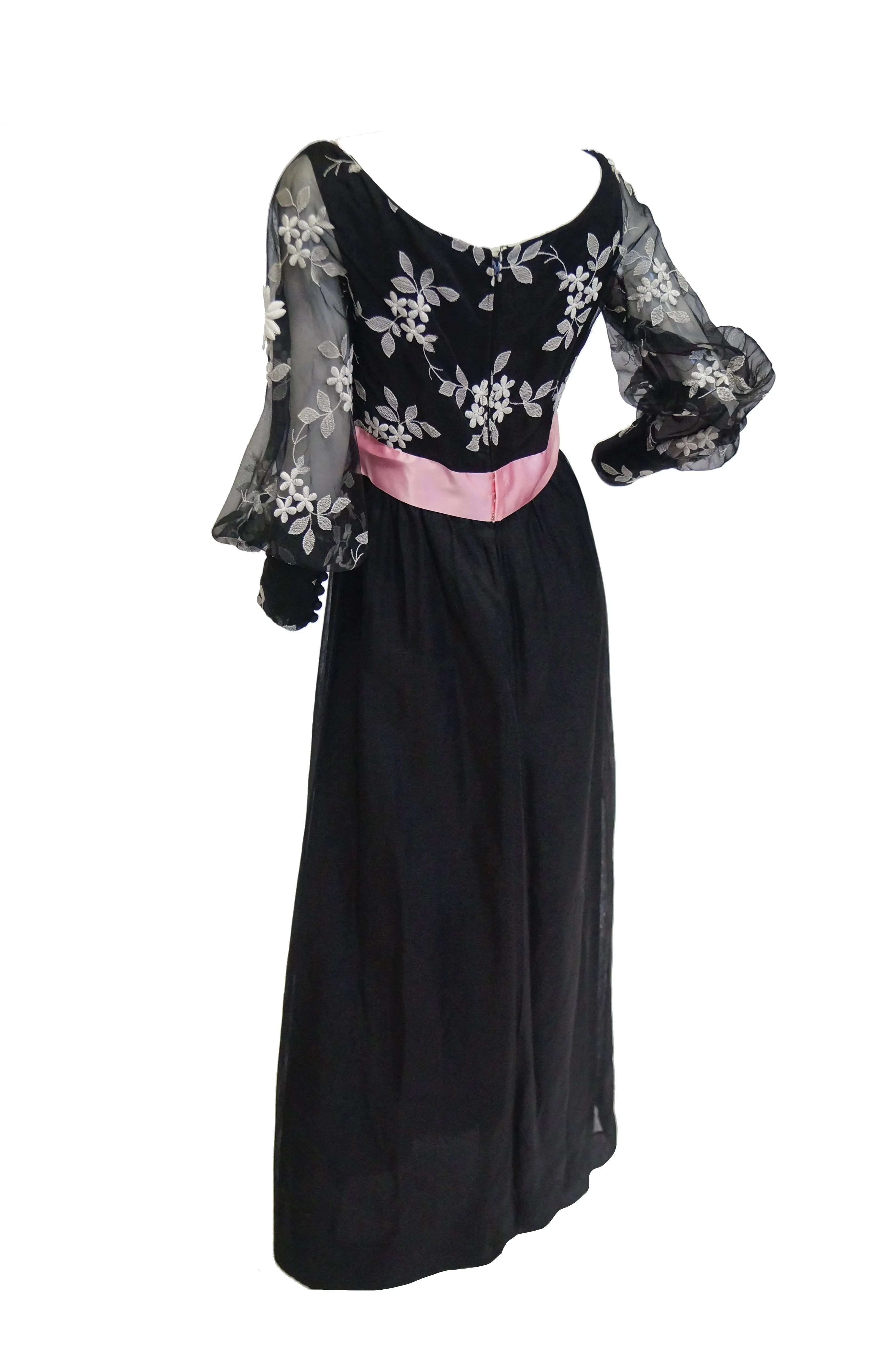 1960s Geoffrey Beene Black Evening Dress w/ White Floral Details & Pink Ribbon