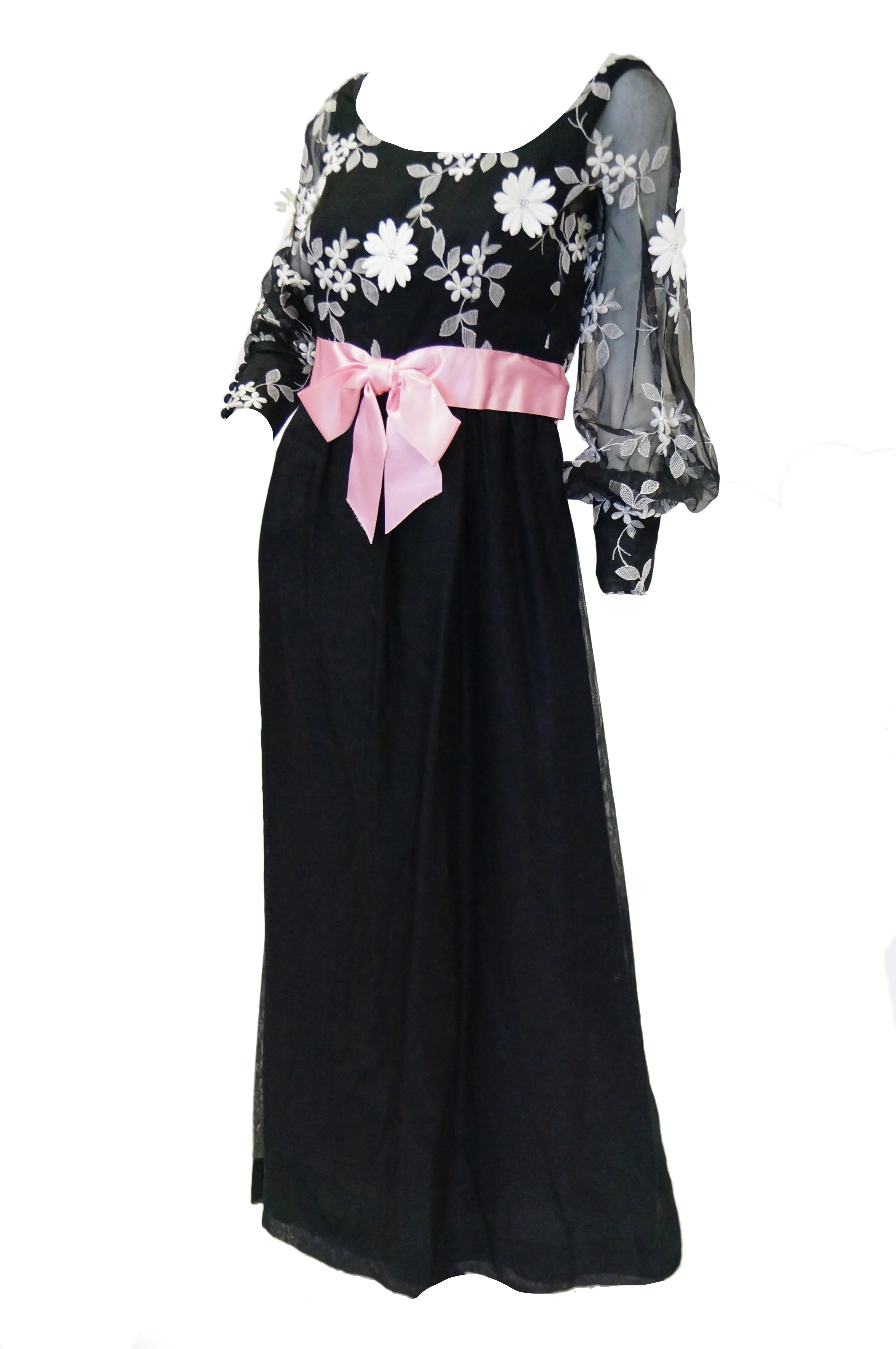 1960s Geoffrey Beene Black Evening Dress w/ White Floral Details & Pink Ribbon