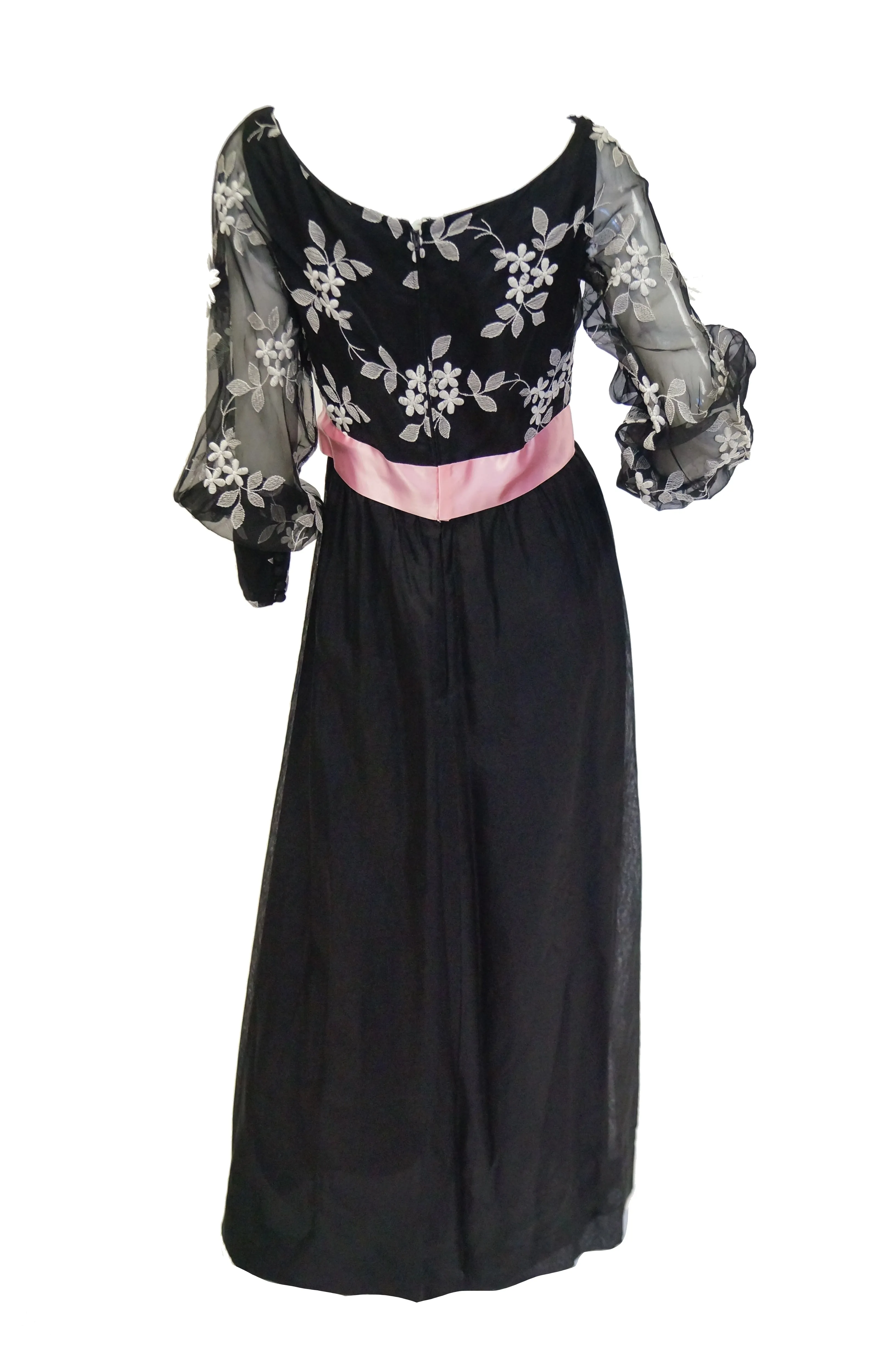 1960s Geoffrey Beene Black Evening Dress w/ White Floral Details & Pink Ribbon