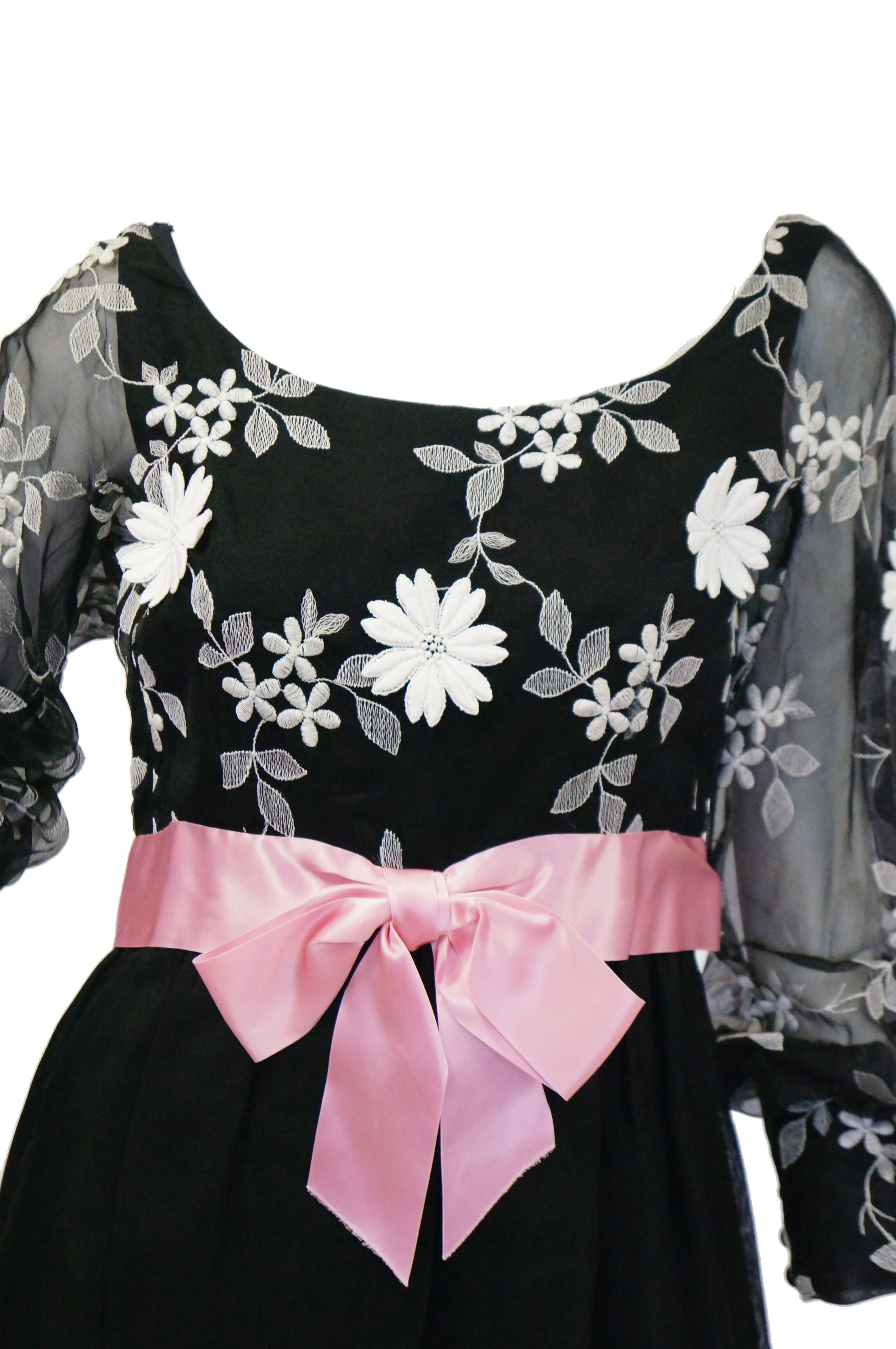 1960s Geoffrey Beene Black Evening Dress w/ White Floral Details & Pink Ribbon