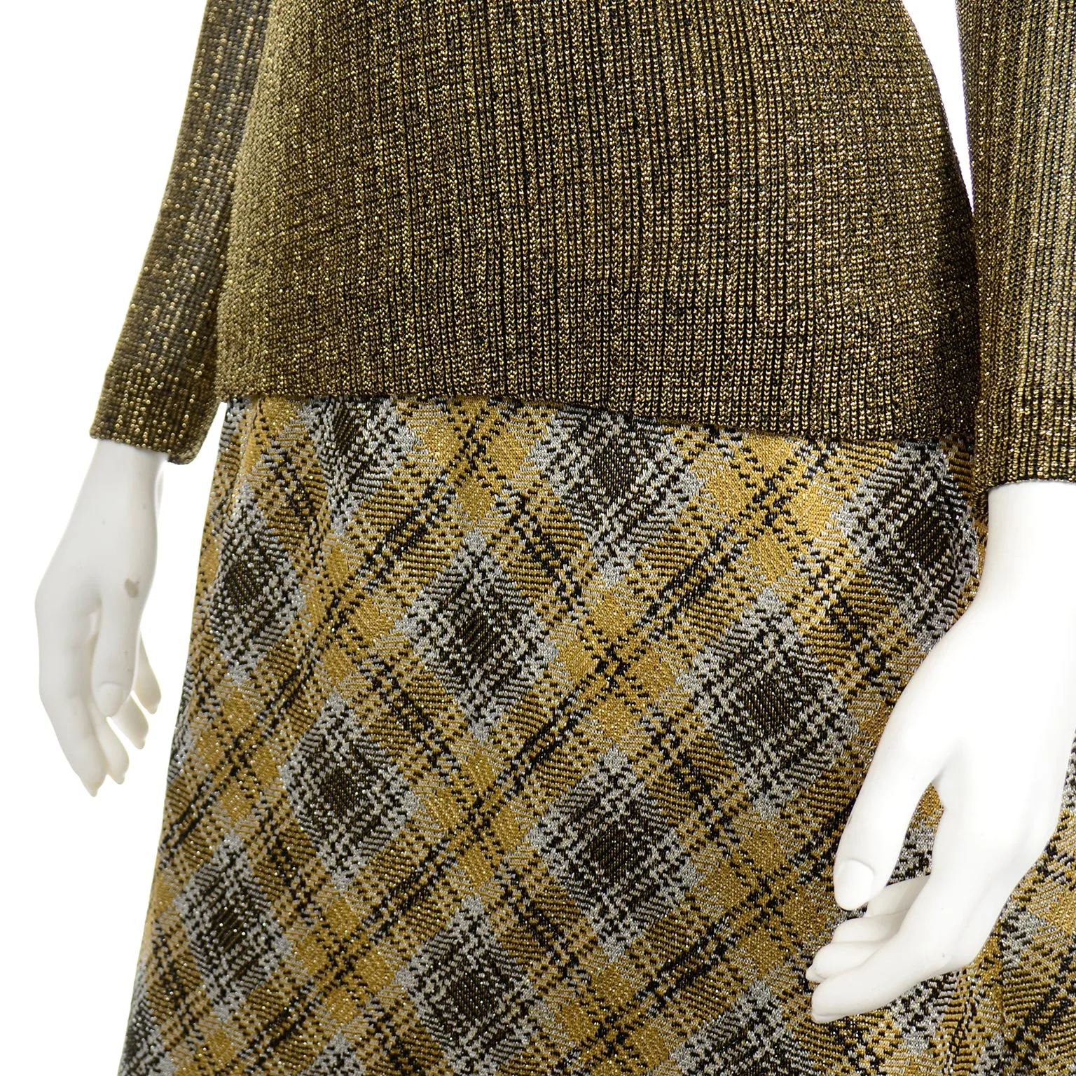 1970s Kiva Vintage Gold Sparkle Plaid Skirt & Cowl Neck Top Outfit