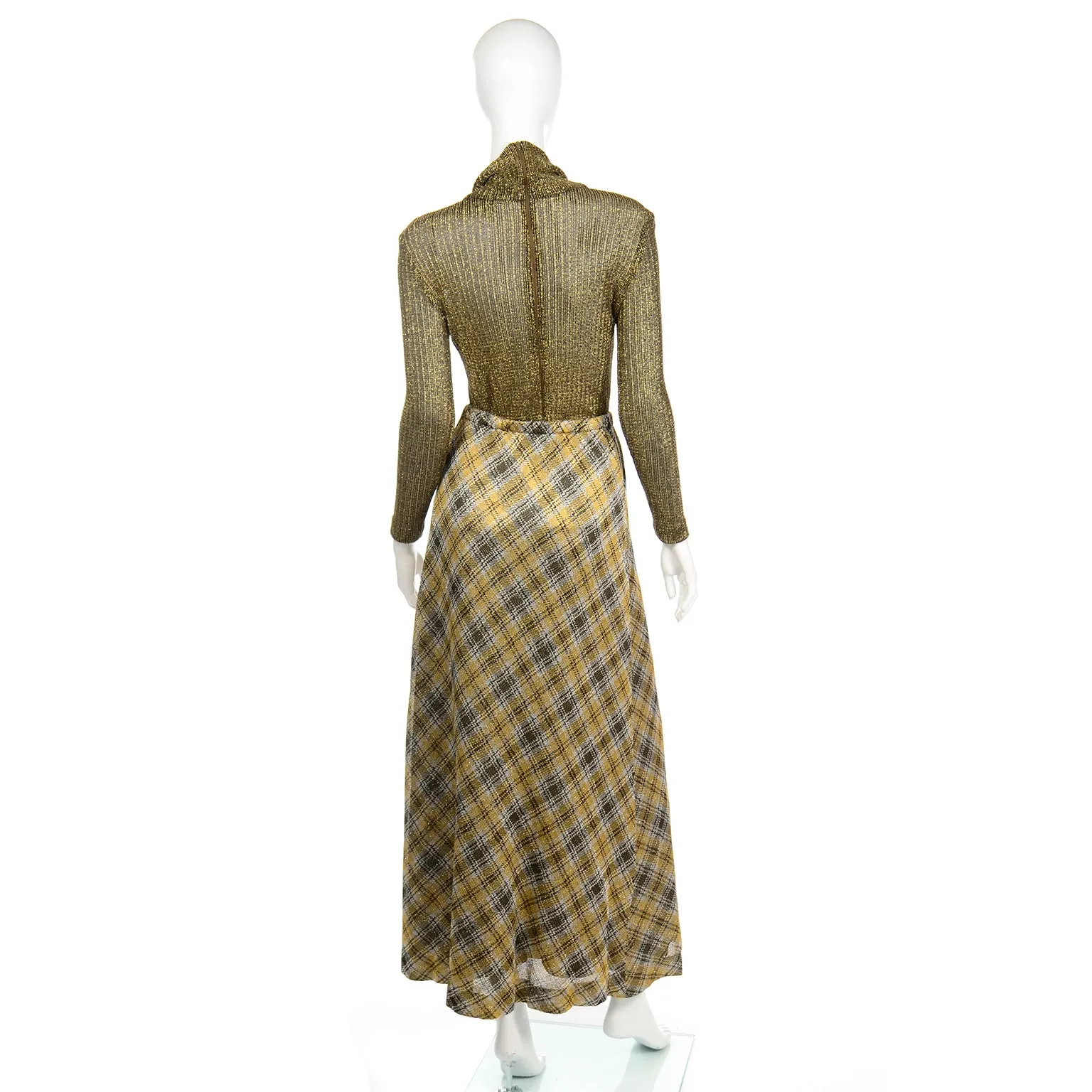 1970s Kiva Vintage Gold Sparkle Plaid Skirt & Cowl Neck Top Outfit