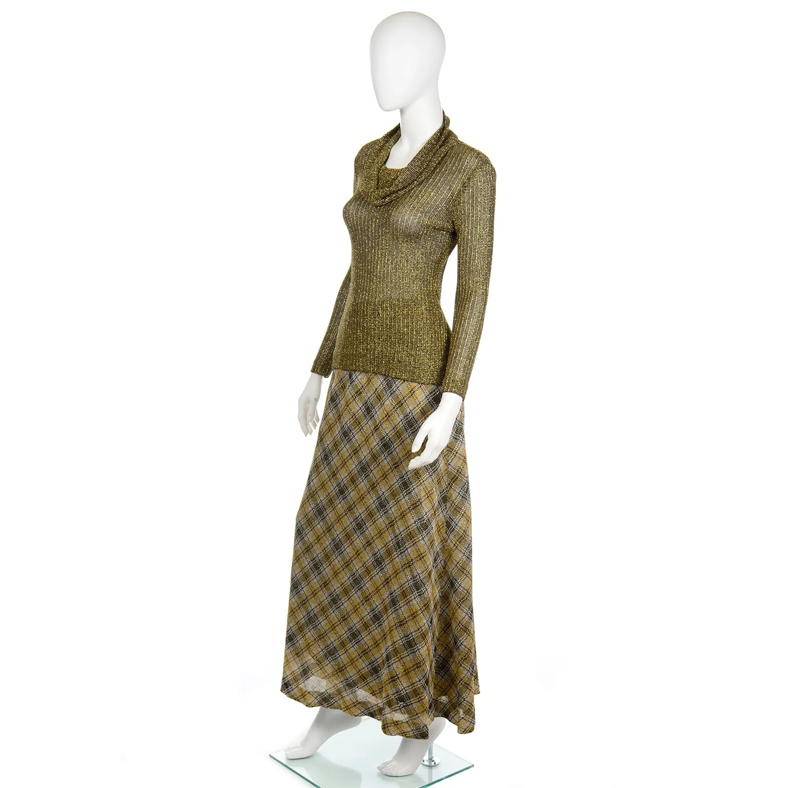 1970s Kiva Vintage Gold Sparkle Plaid Skirt & Cowl Neck Top Outfit