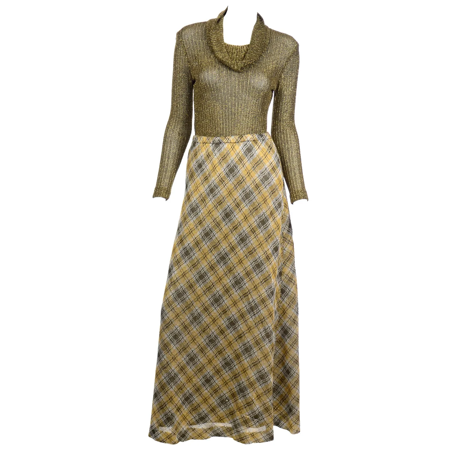 1970s Kiva Vintage Gold Sparkle Plaid Skirt & Cowl Neck Top Outfit