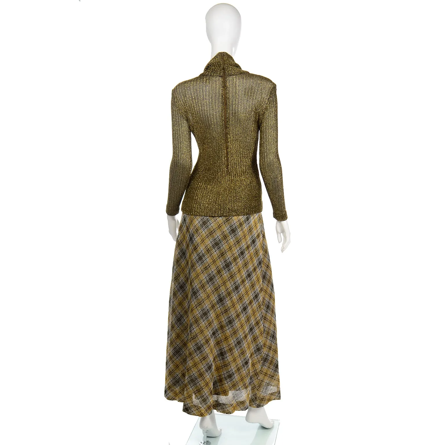 1970s Kiva Vintage Gold Sparkle Plaid Skirt & Cowl Neck Top Outfit