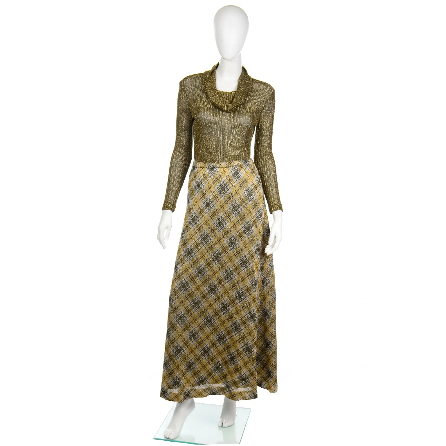 1970s Kiva Vintage Gold Sparkle Plaid Skirt & Cowl Neck Top Outfit