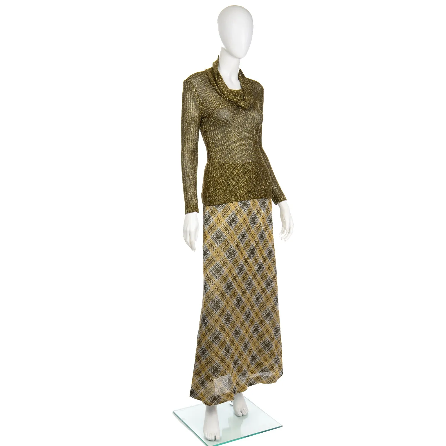 1970s Kiva Vintage Gold Sparkle Plaid Skirt & Cowl Neck Top Outfit