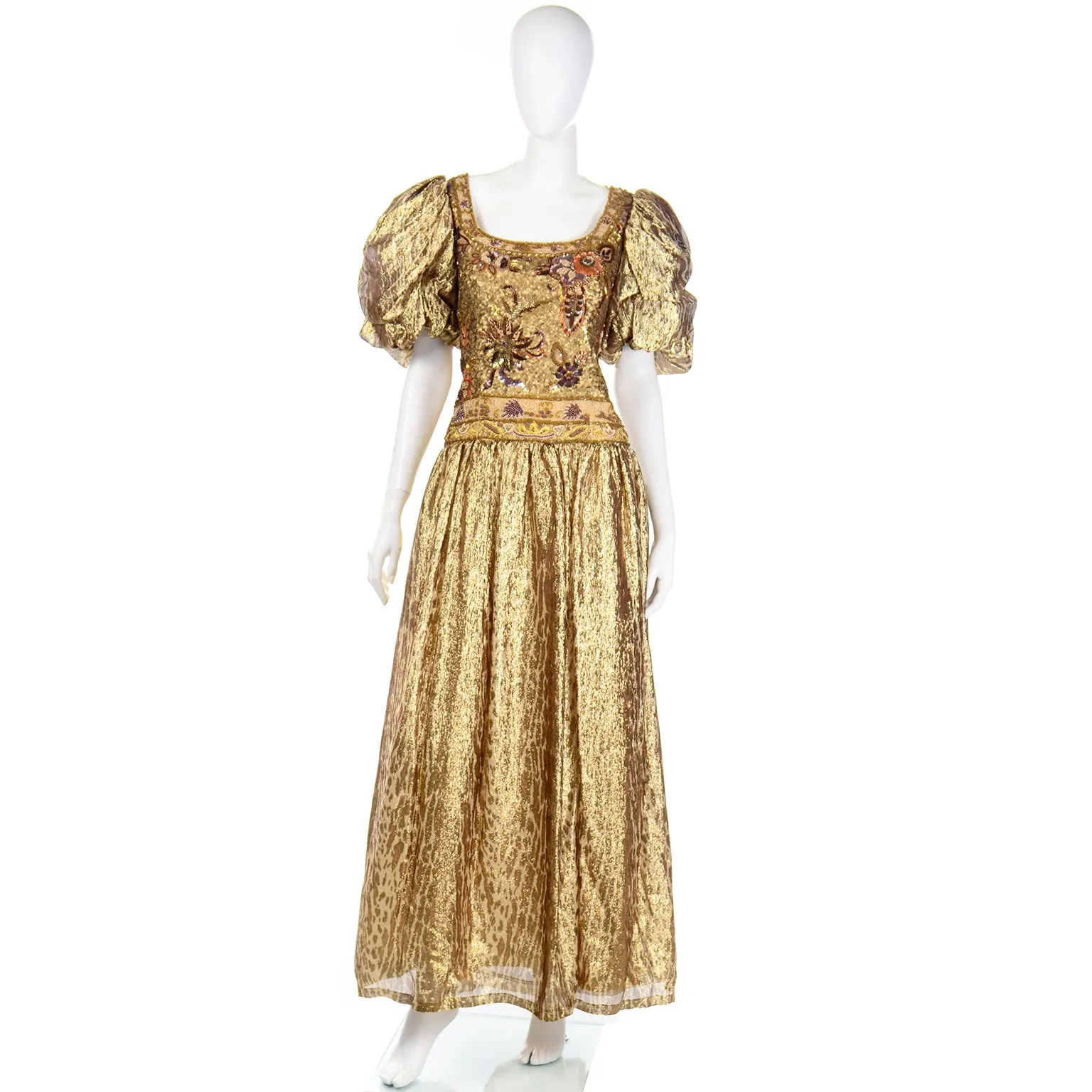 1980s Richilene Gold Lame Tissue Silk Leopard Print Beaded Evening Dress