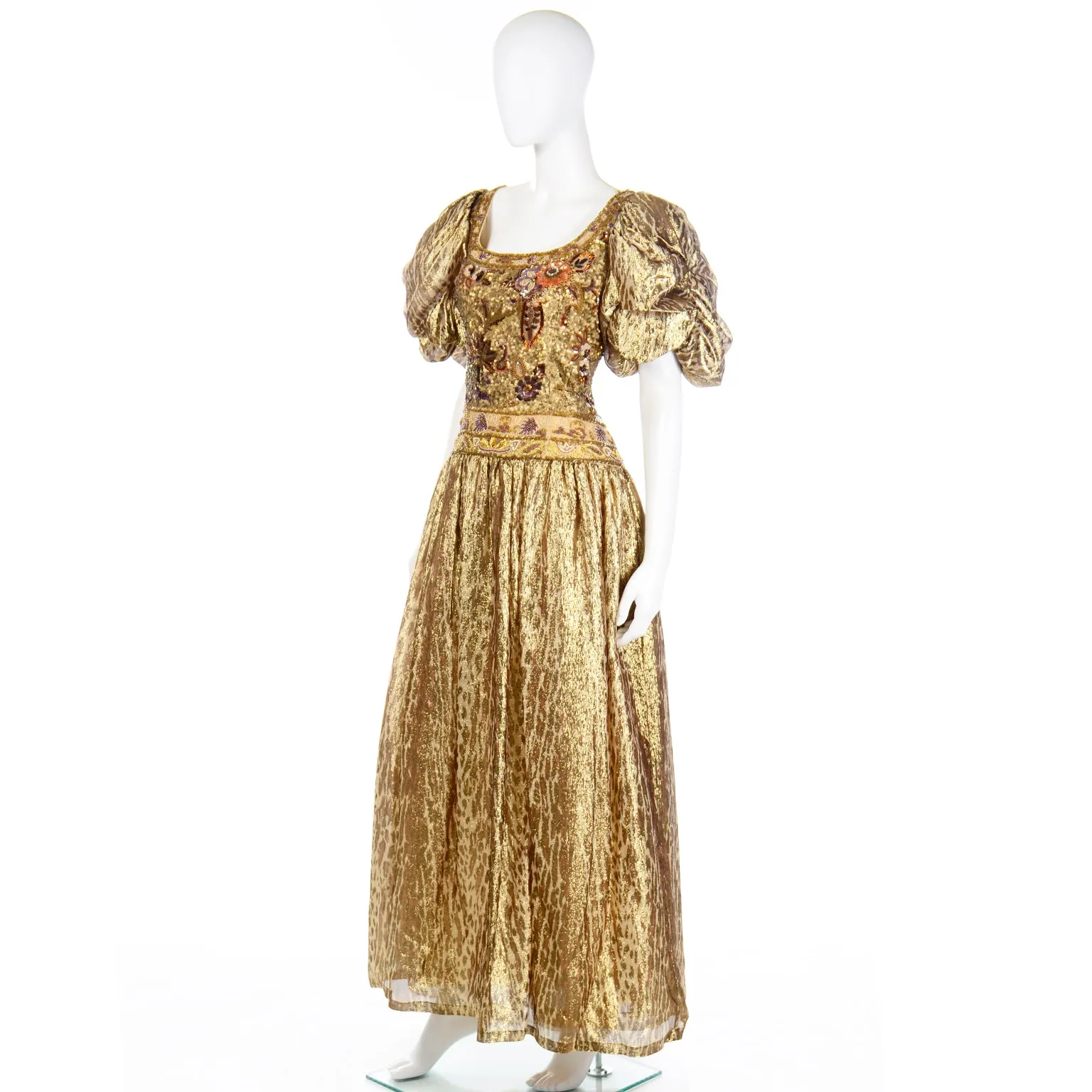 1980s Richilene Gold Lame Tissue Silk Leopard Print Beaded Evening Dress