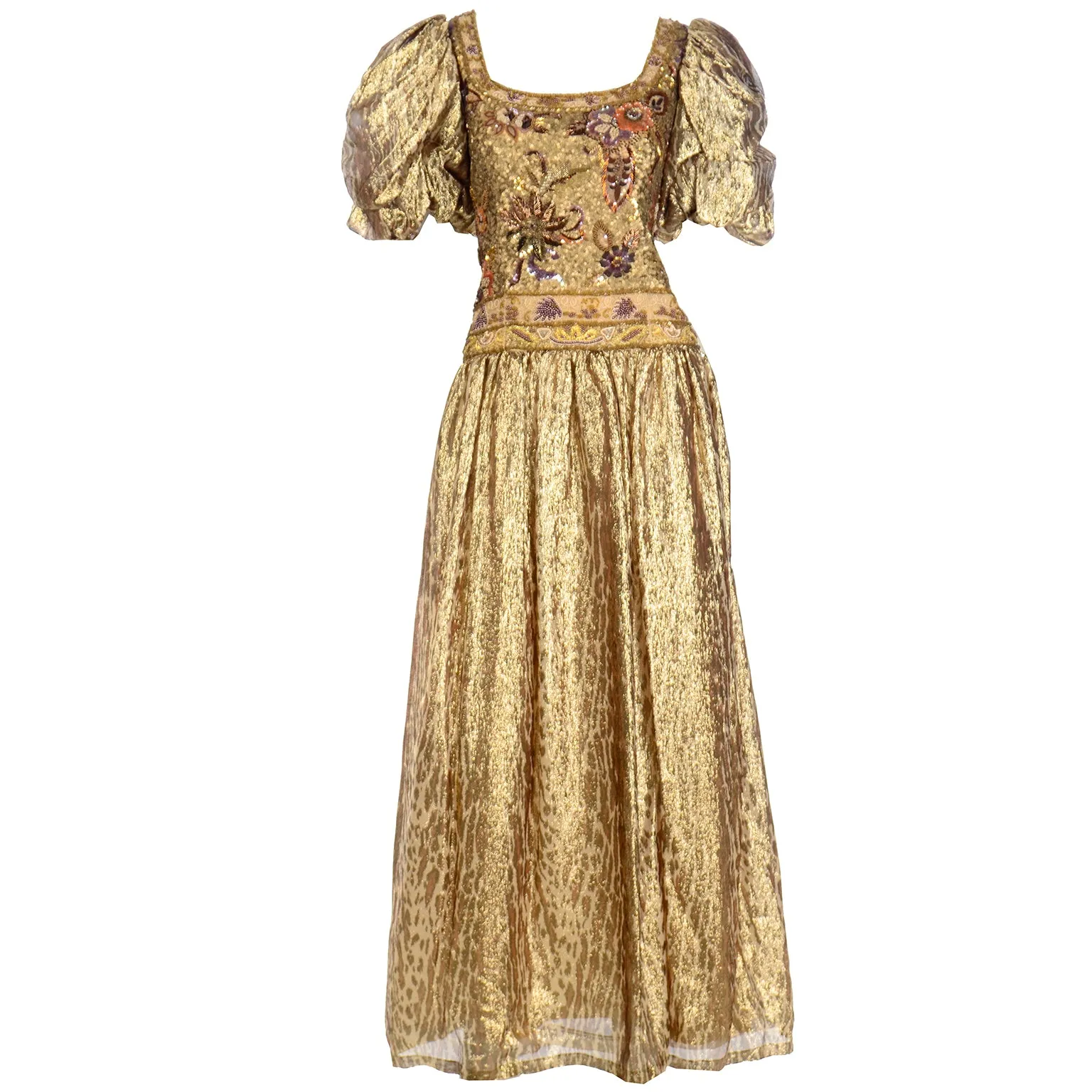 1980s Richilene Gold Lame Tissue Silk Leopard Print Beaded Evening Dress