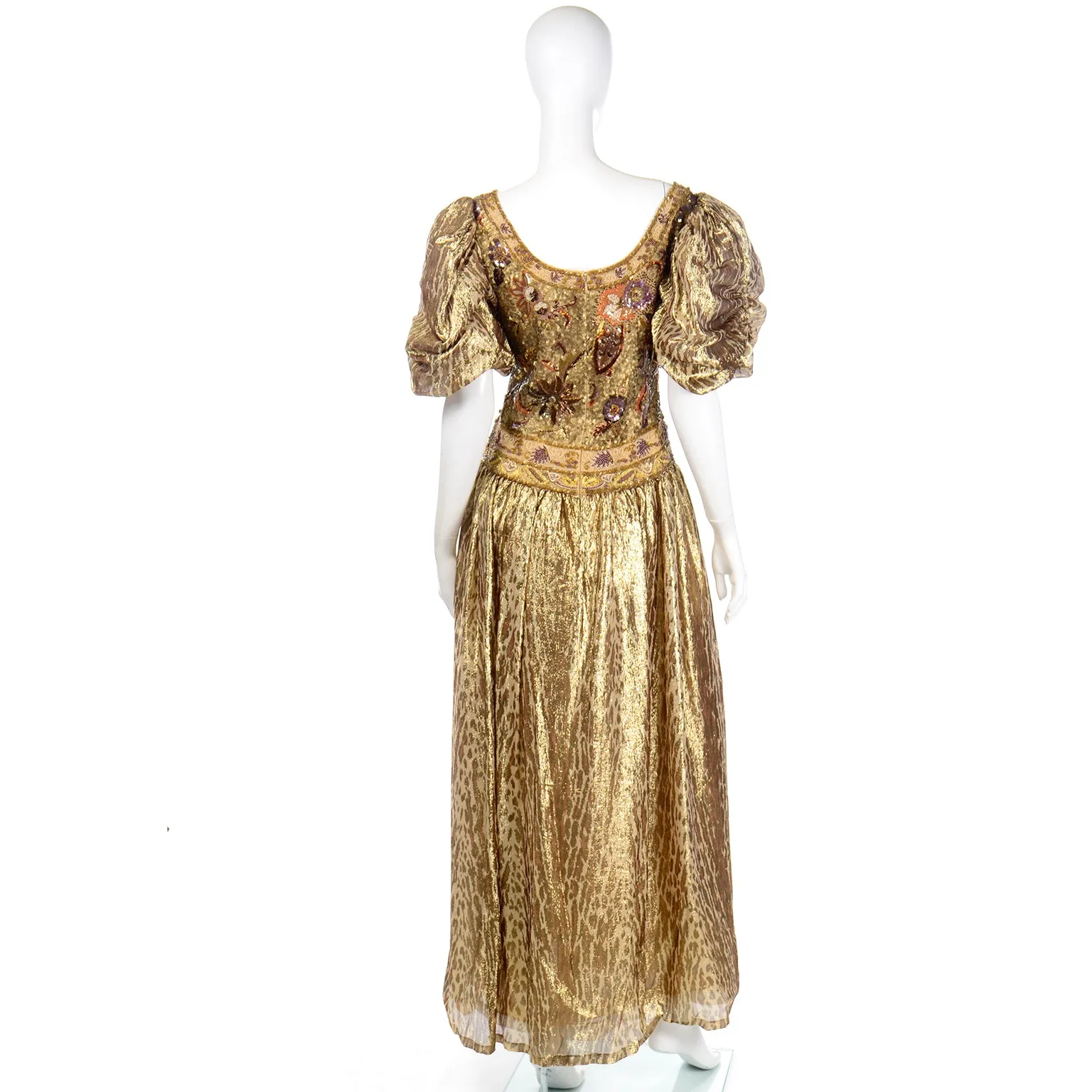 1980s Richilene Gold Lame Tissue Silk Leopard Print Beaded Evening Dress