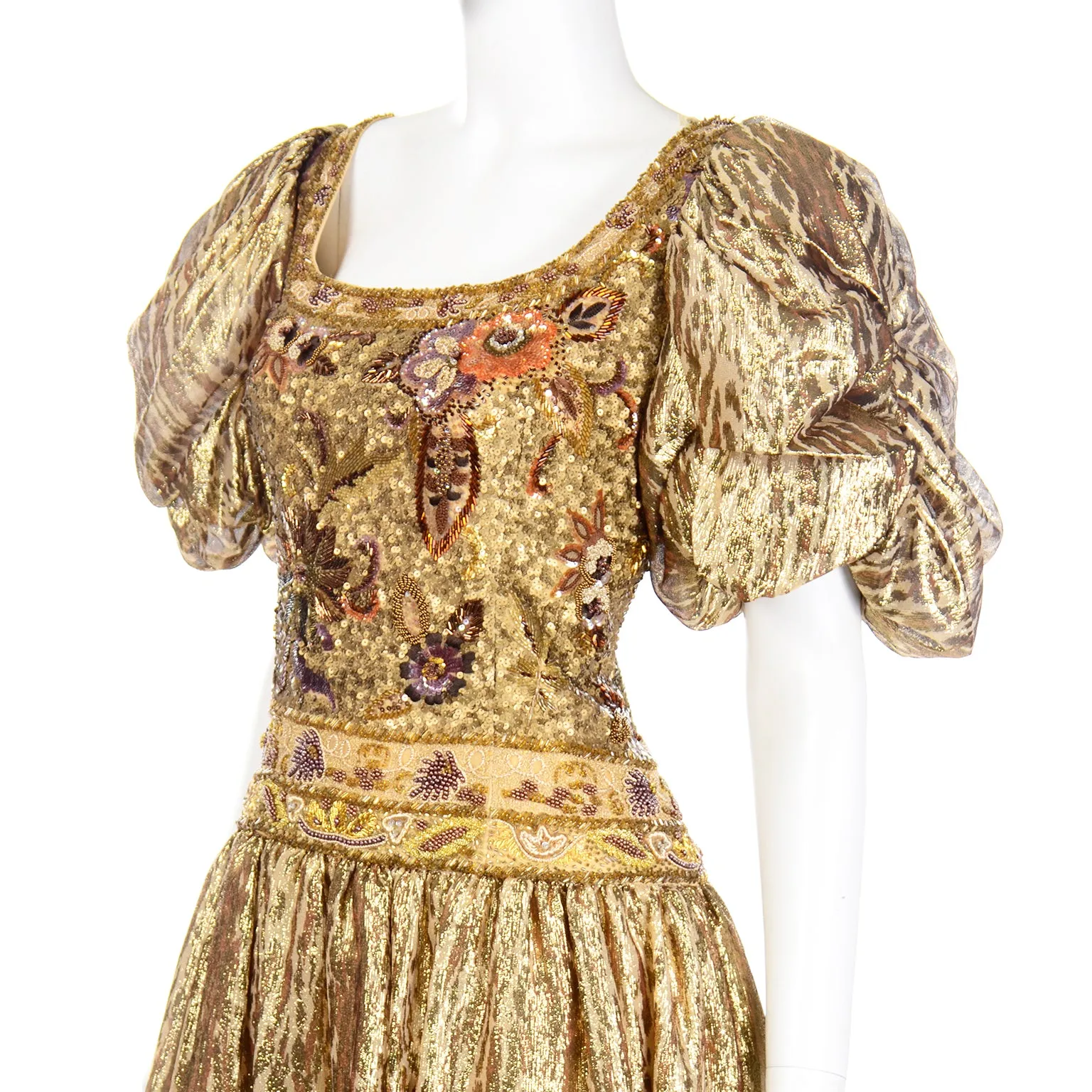 1980s Richilene Gold Lame Tissue Silk Leopard Print Beaded Evening Dress