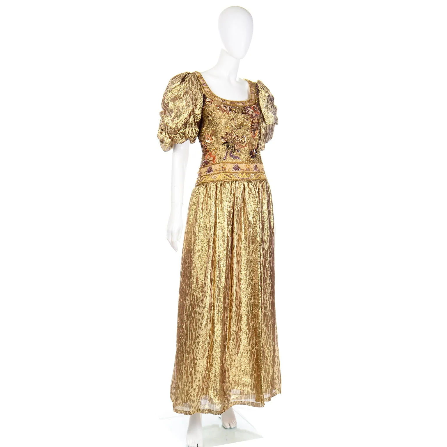 1980s Richilene Gold Lame Tissue Silk Leopard Print Beaded Evening Dress