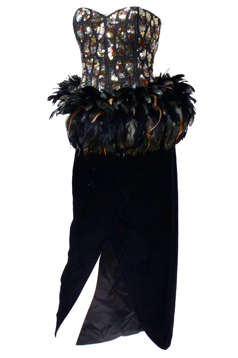 1980s Victor Costa Velvet Vintage Evening Gown w/ Sequins & Feathers