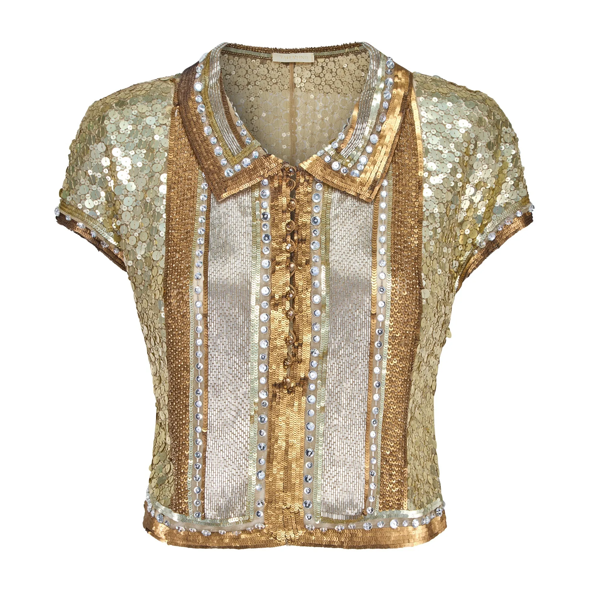 2005 Runway Documented Valentino Gold Embellished Cropped Shirt