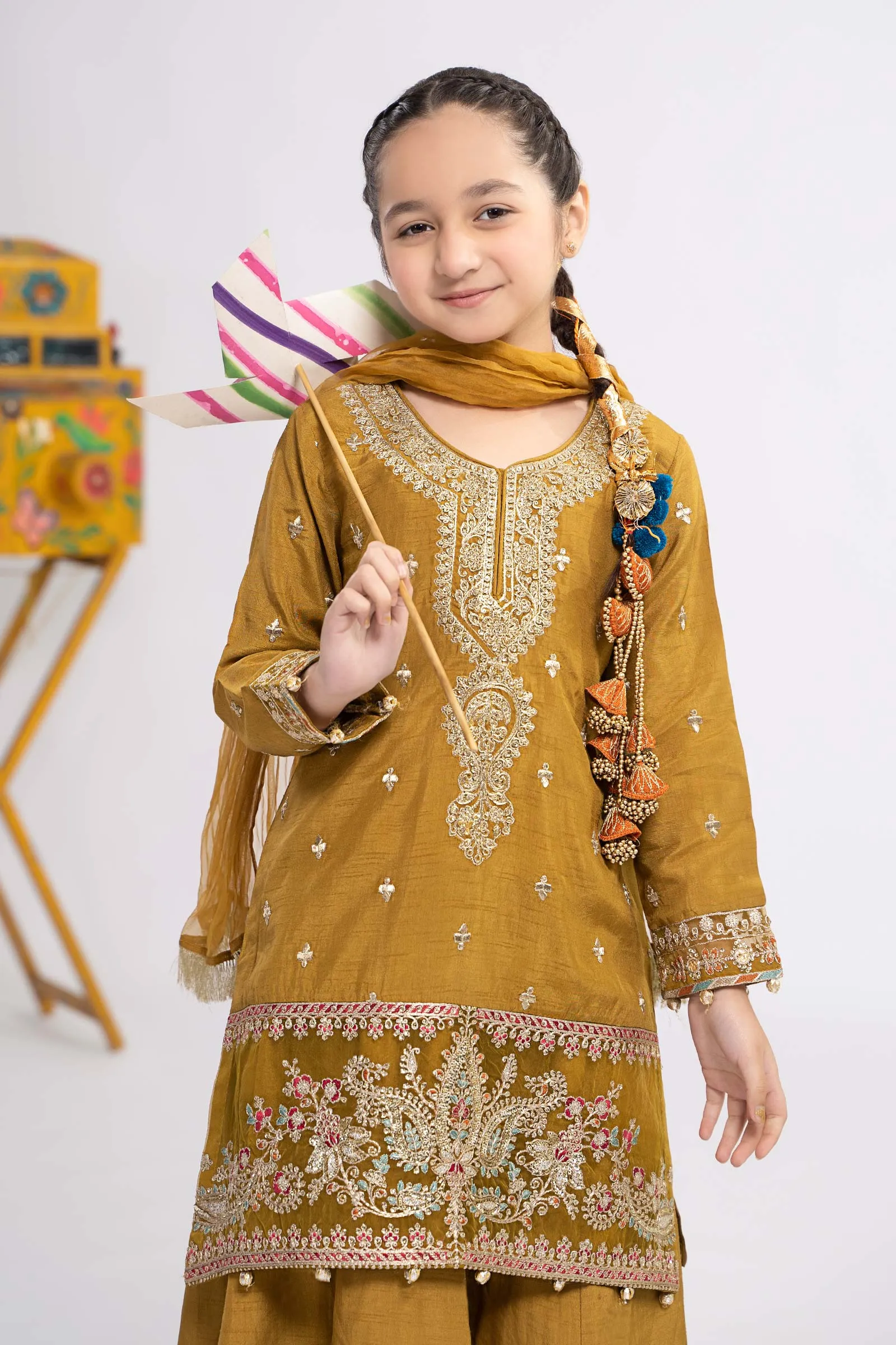 3 Piece Embroidered Raw Silk Suit | MKS-EF24-09