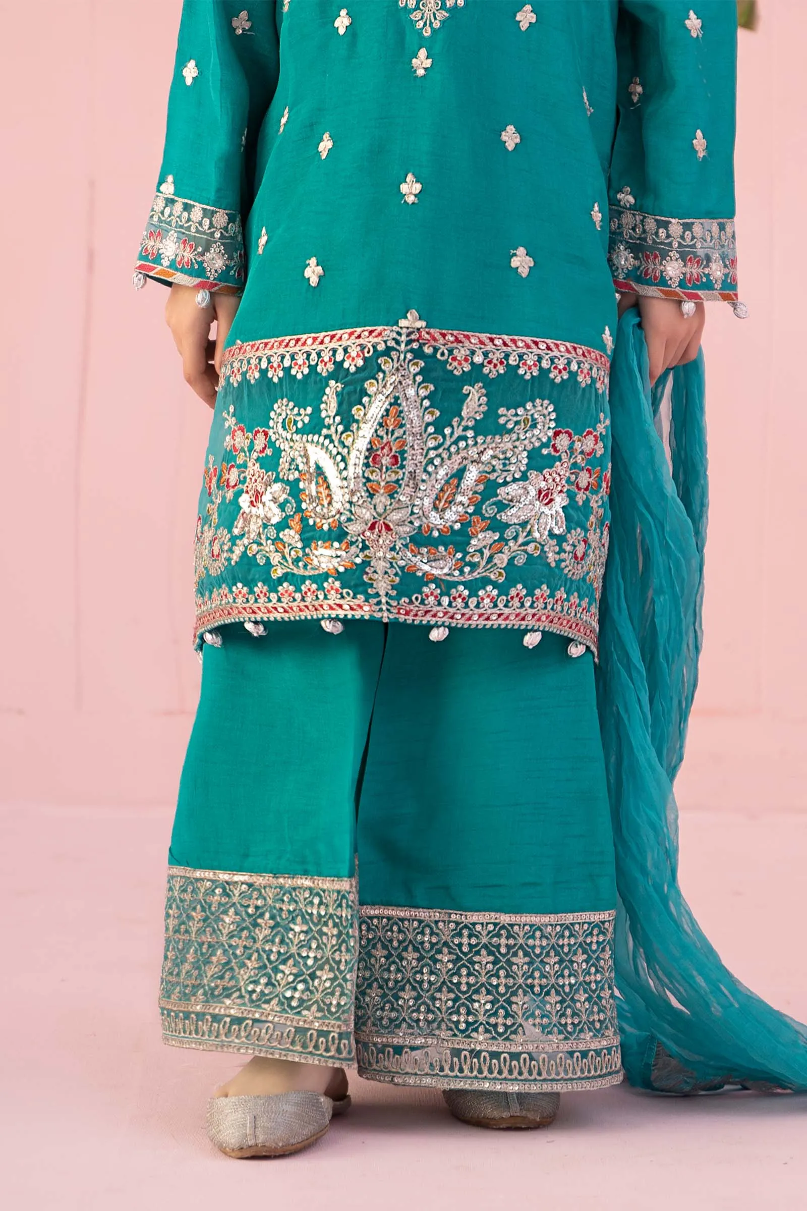 3 Piece Embroidered Raw Silk Suit | MKS-EF24-09