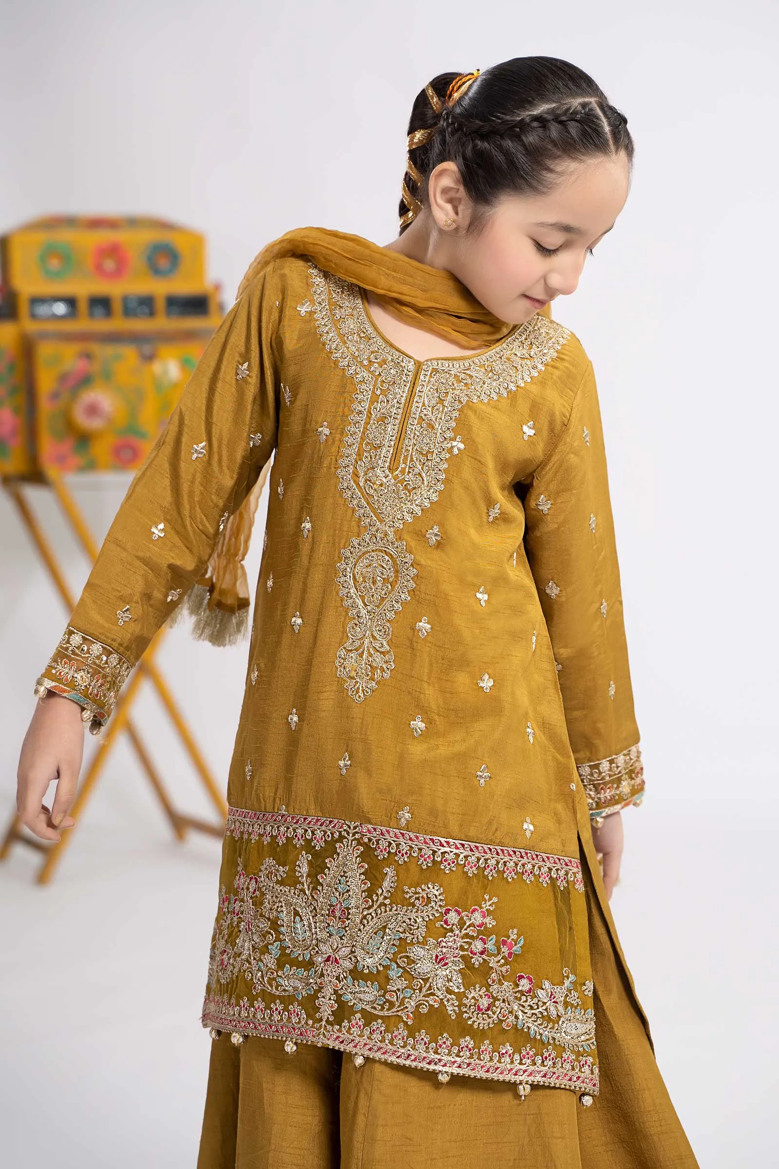 3 Piece Embroidered Raw Silk Suit | MKS-EF24-09