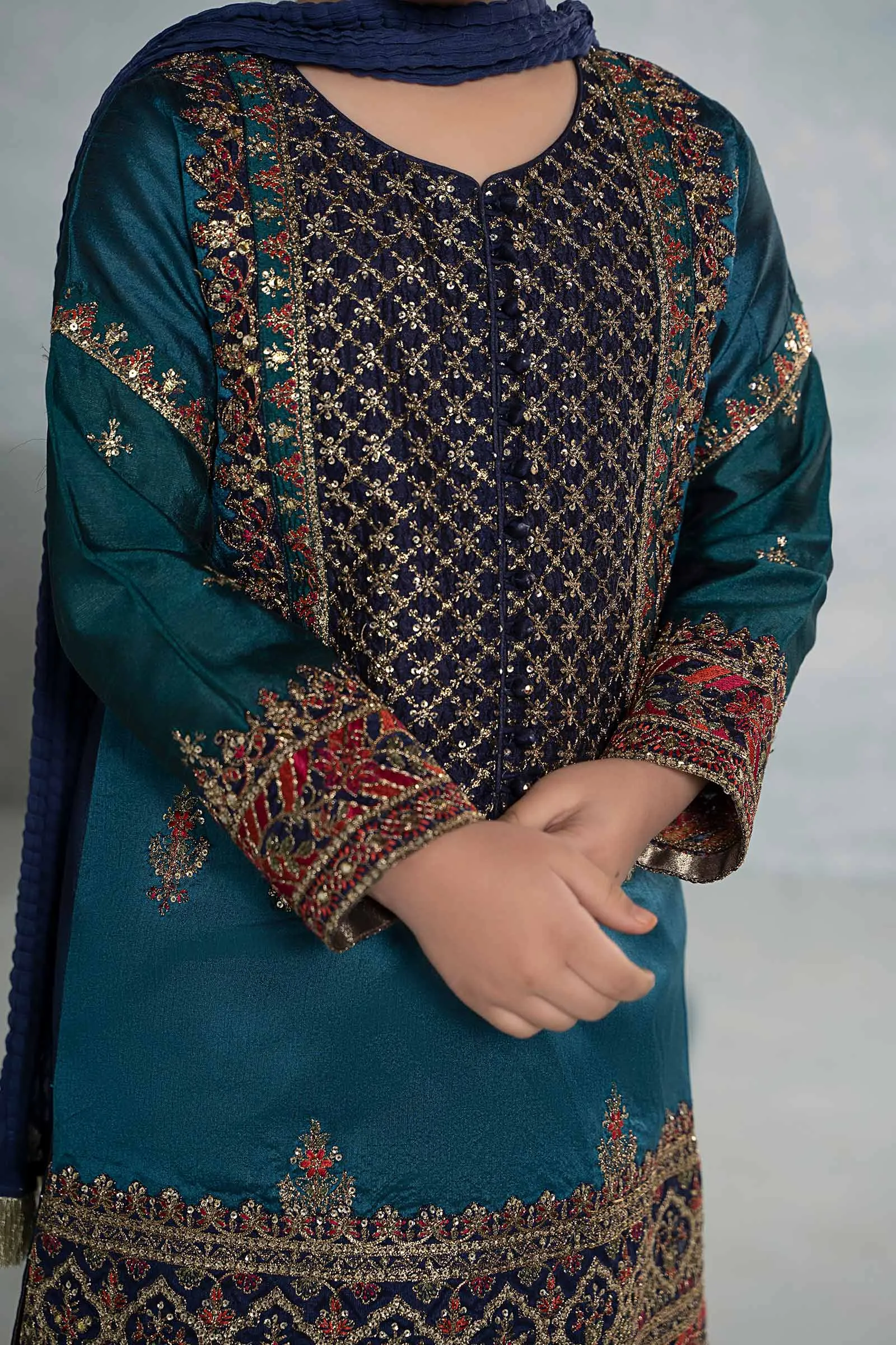 3 Piece Embroidered Raw Silk Suit | MKS-EF24-44