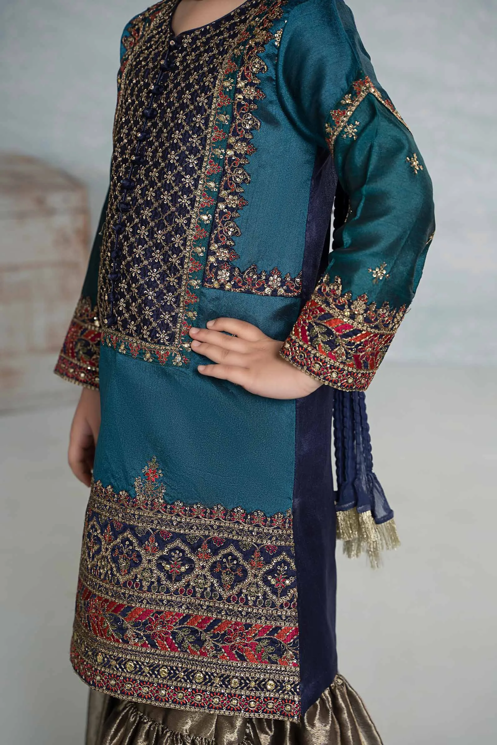 3 Piece Embroidered Raw Silk Suit | MKS-EF24-44