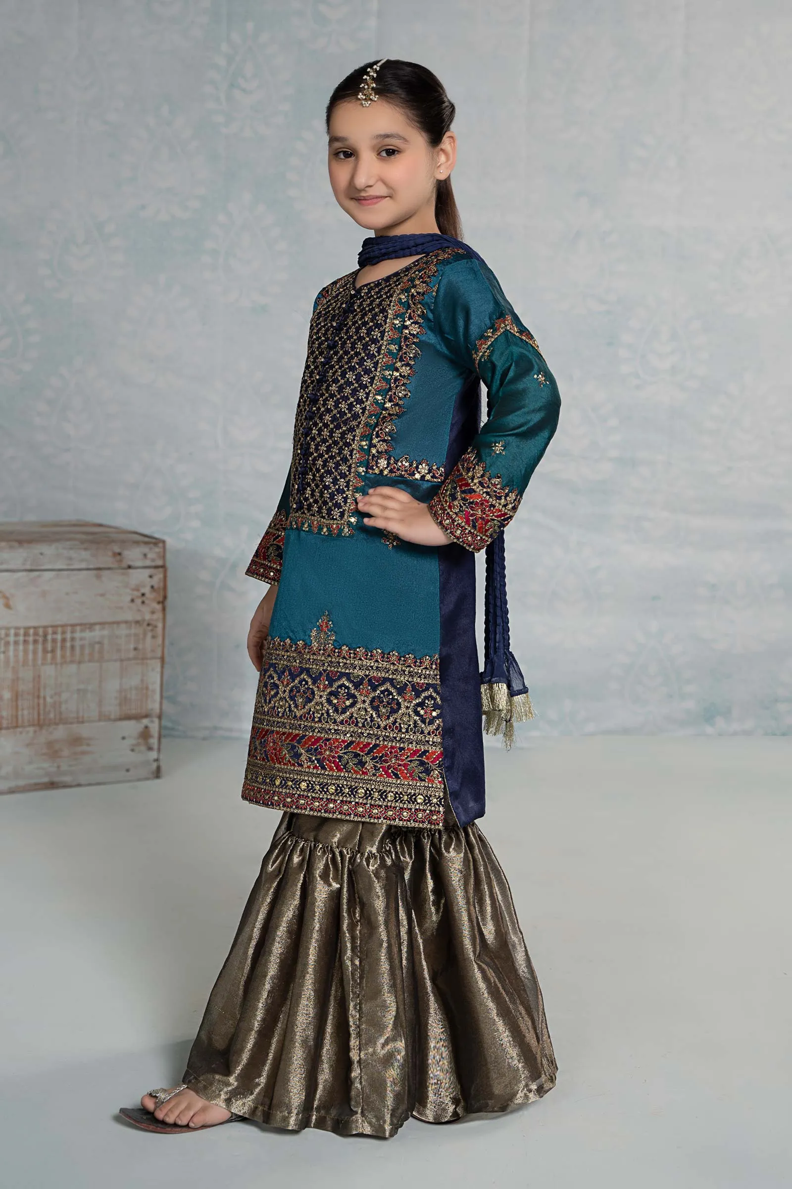 3 Piece Embroidered Raw Silk Suit | MKS-EF24-44