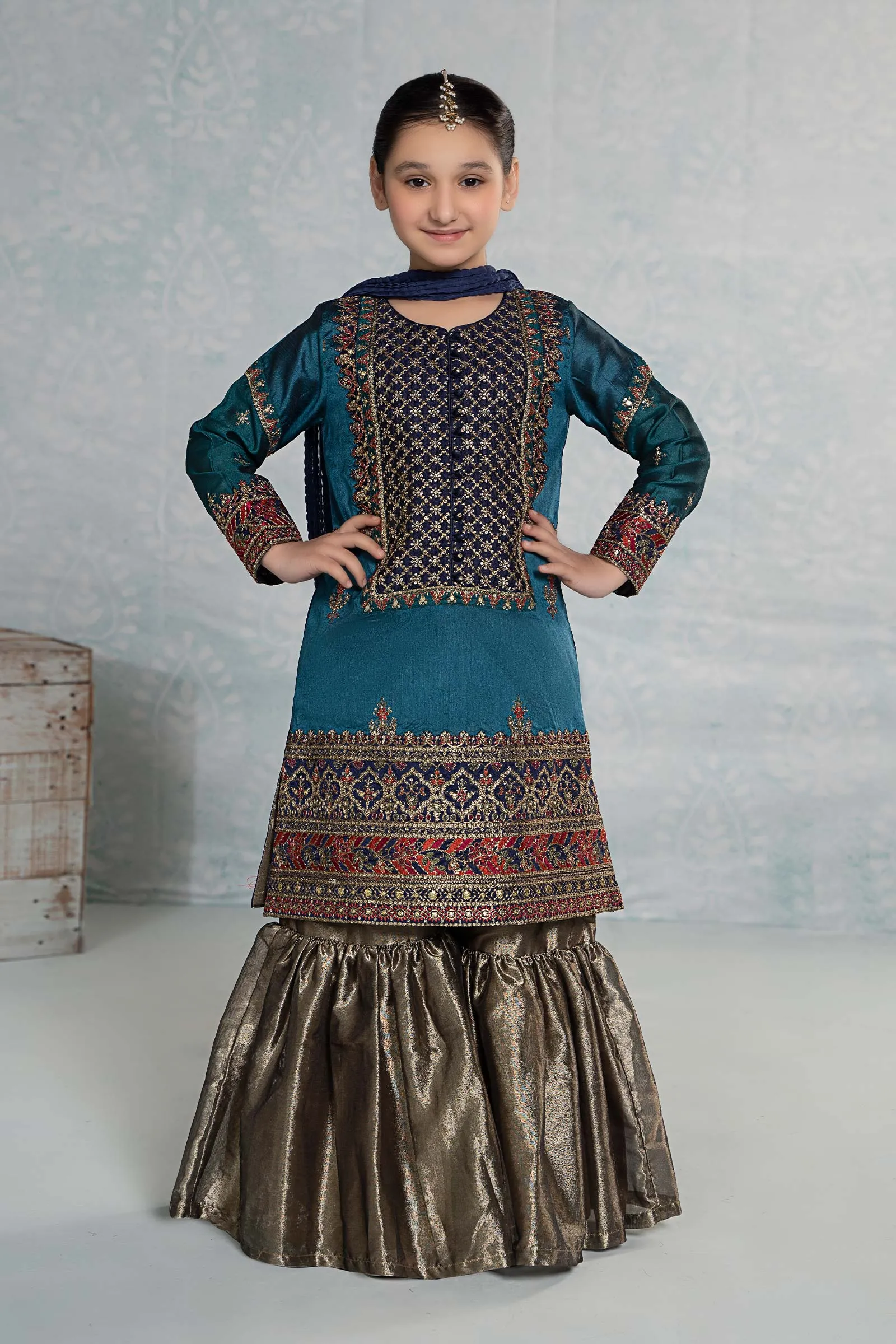 3 Piece Embroidered Raw Silk Suit | MKS-EF24-44