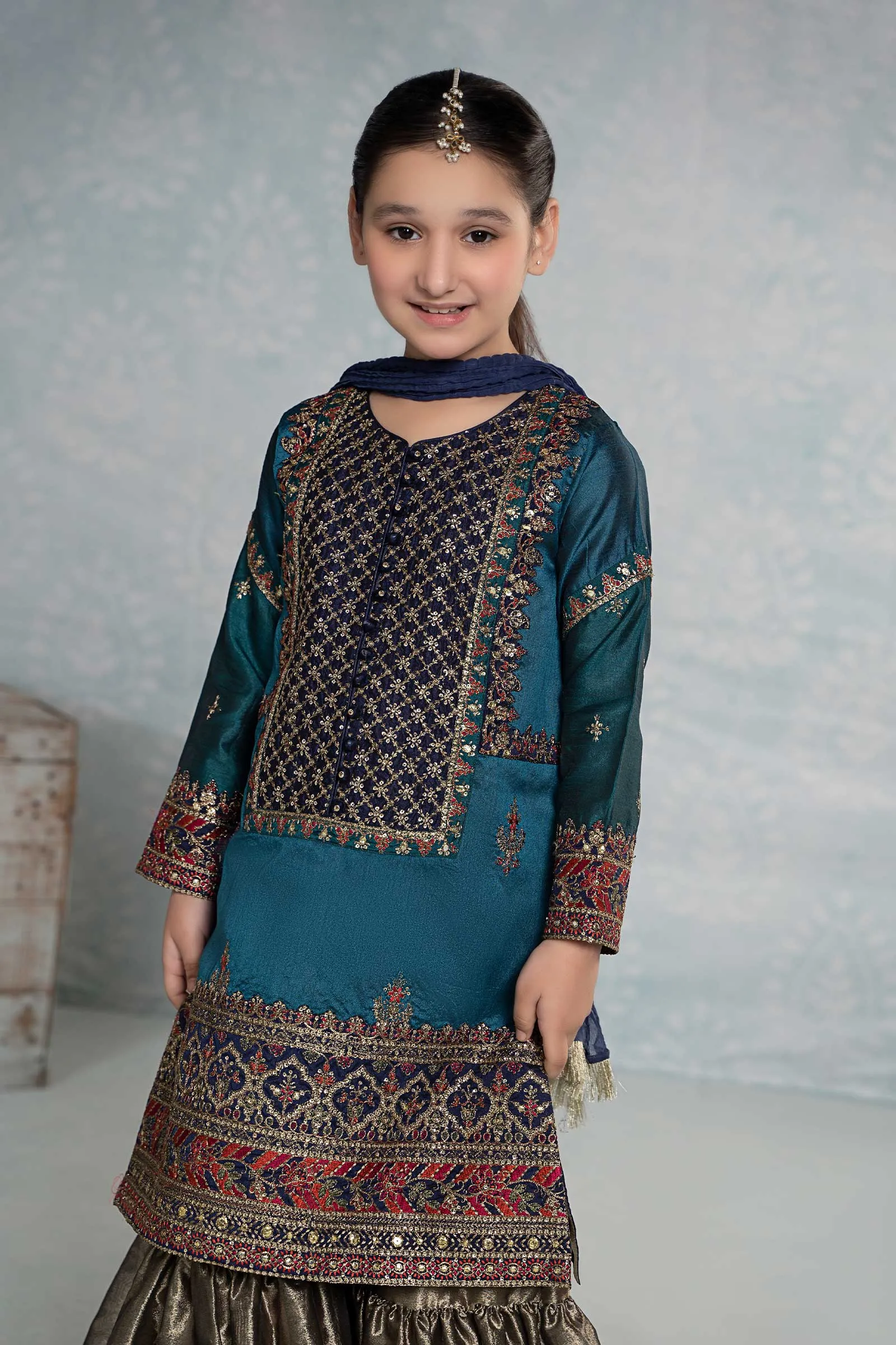 3 Piece Embroidered Raw Silk Suit | MKS-EF24-44