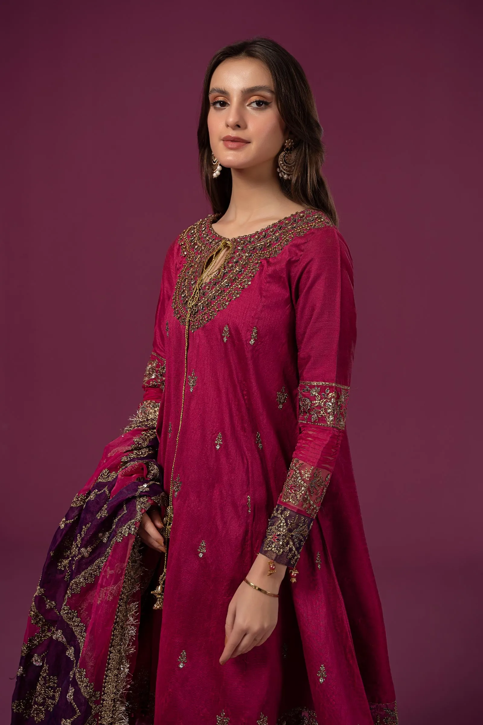 3 Piece Embroidered Raw Silk Suit | SF-EF24-75