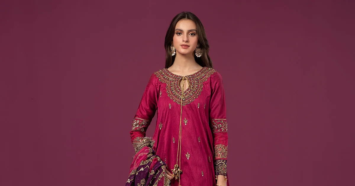 3 Piece Embroidered Raw Silk Suit | SF-EF24-75