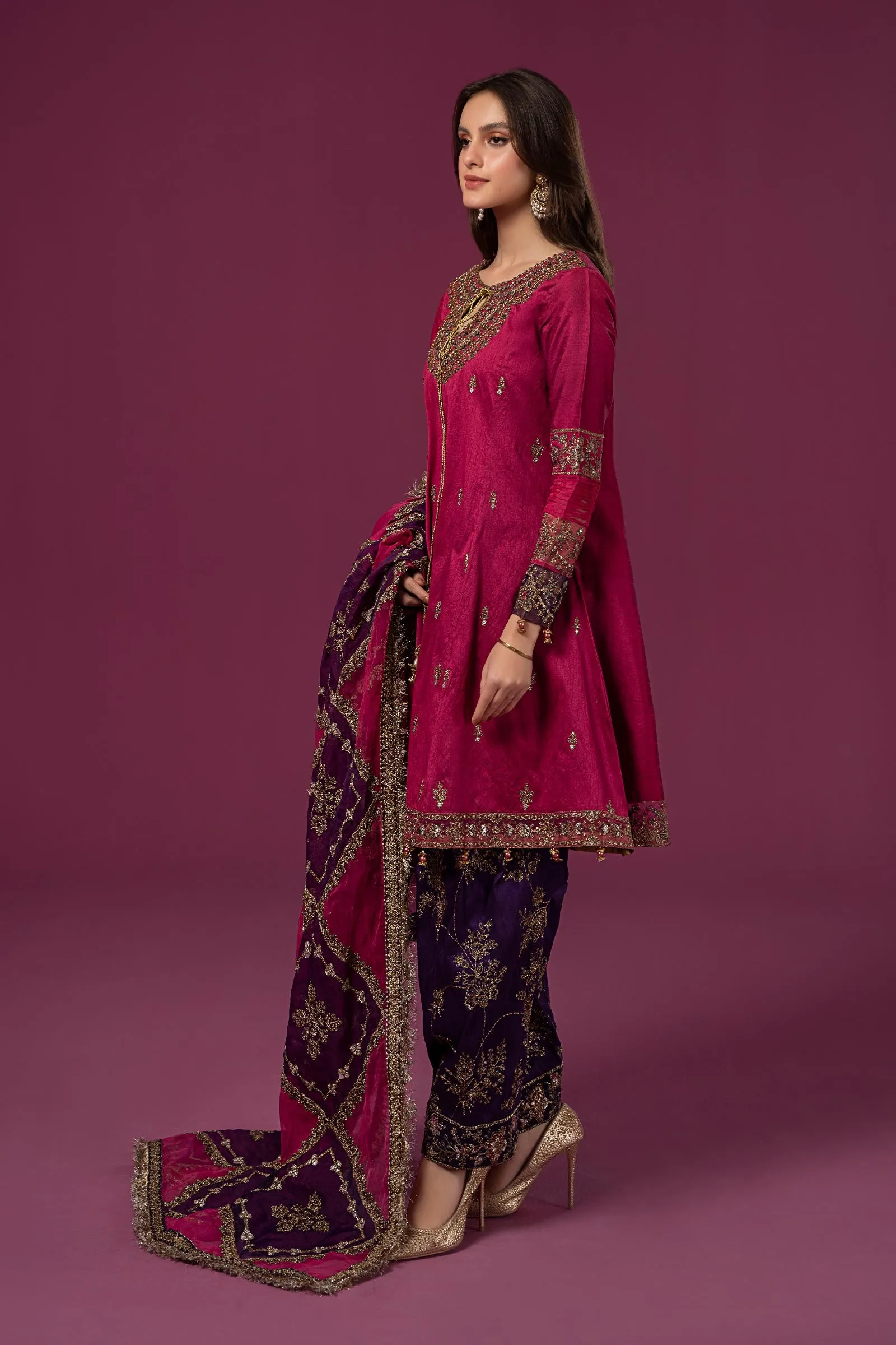 3 Piece Embroidered Raw Silk Suit | SF-EF24-75