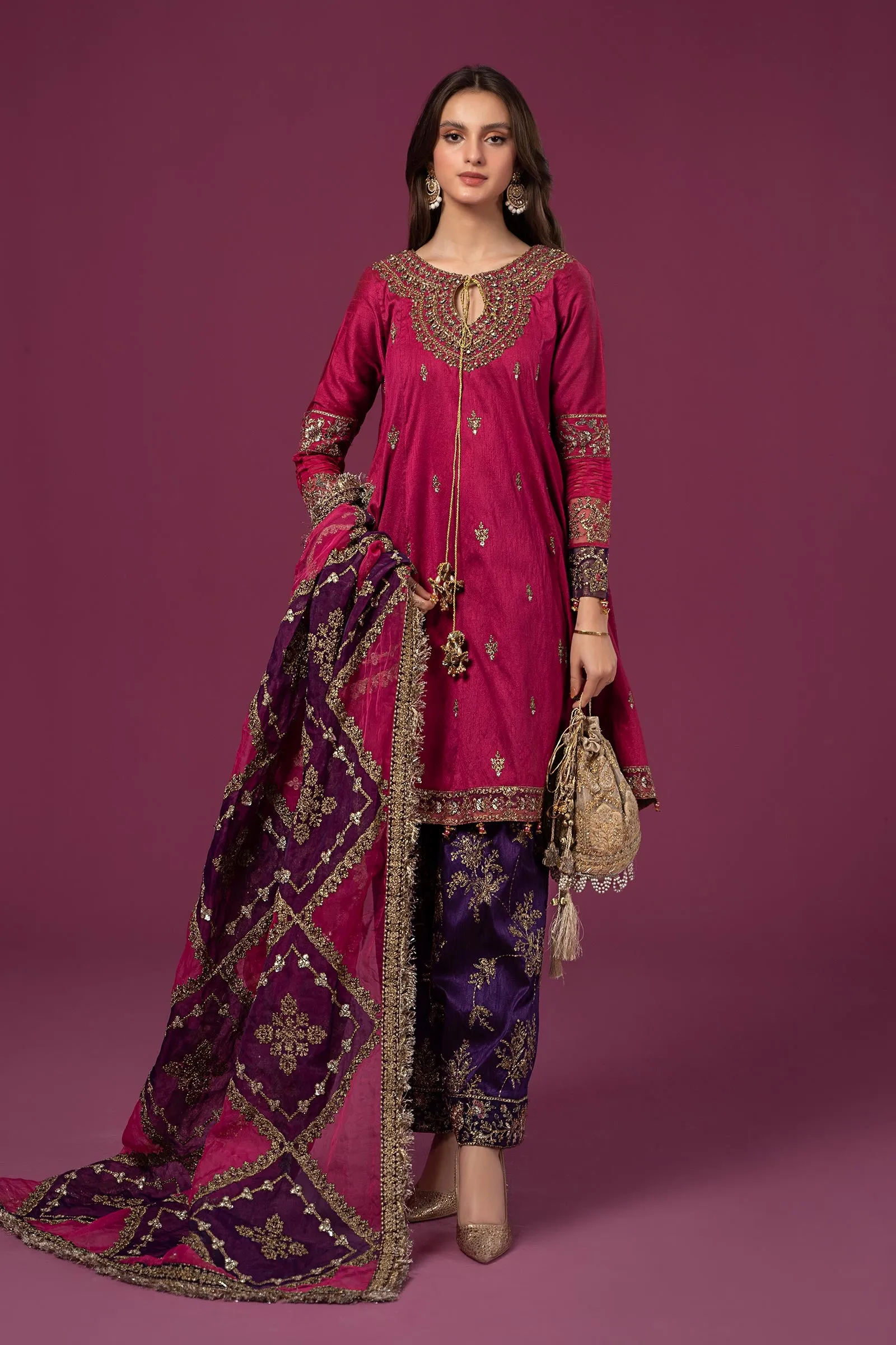 3 Piece Embroidered Raw Silk Suit | SF-EF24-75