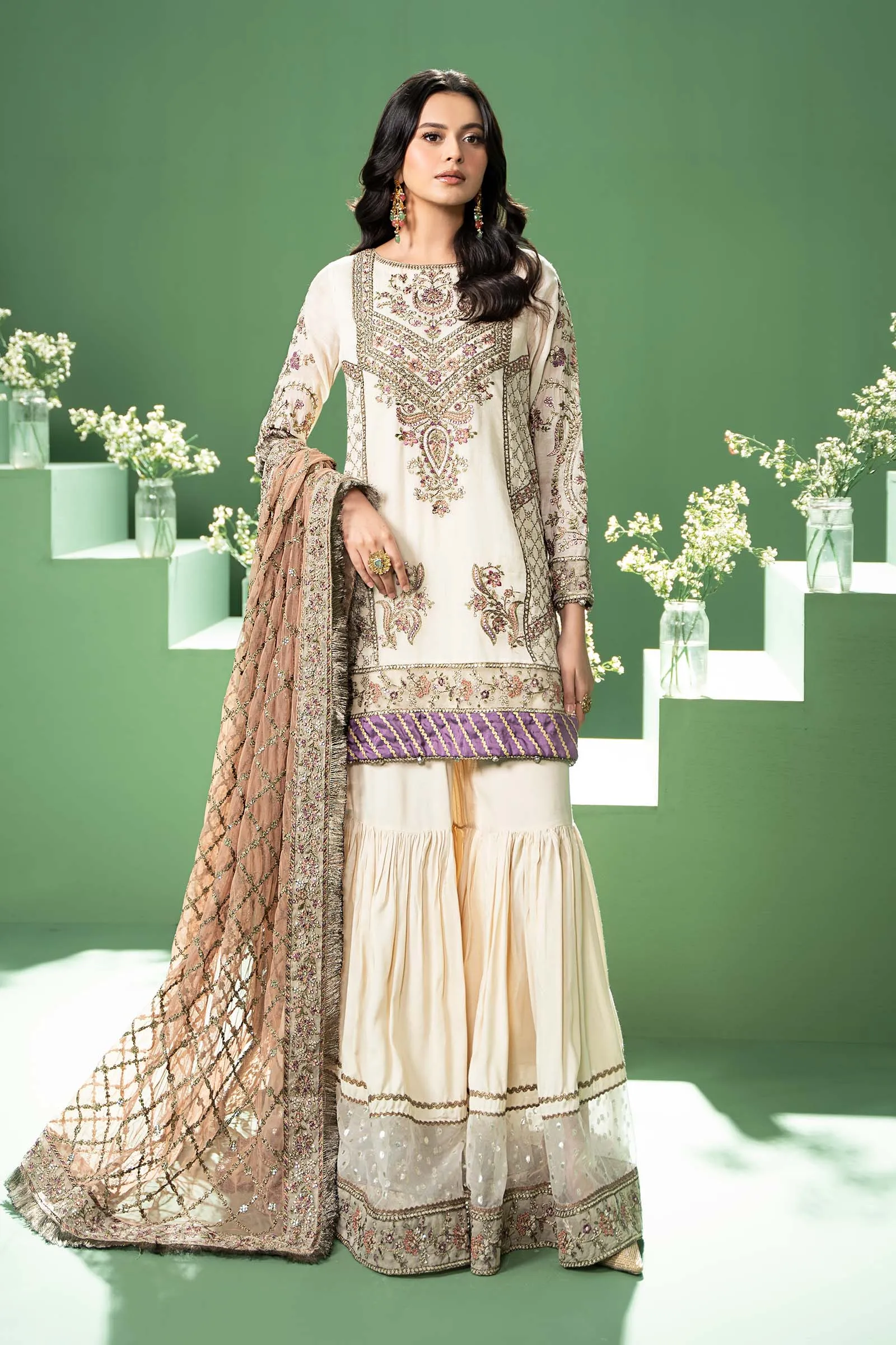 3 Piece Embroidered Silk Cotton Net Suit | SF-W24-45