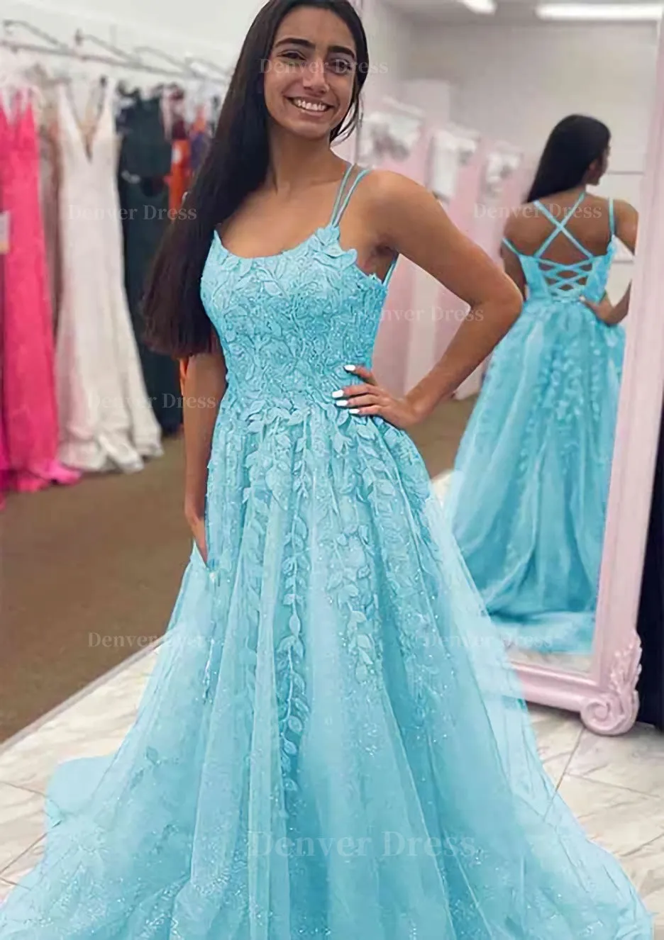 A-line Bateau Court Train Tulle Glitter Prom Dress With Appliqued Beading