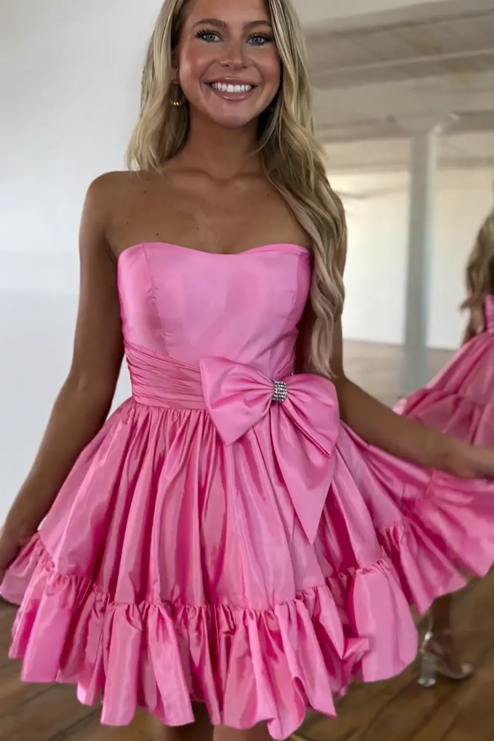 A Line Fuchsia Strapless Ruffle Short Homecoming Dress with Bow