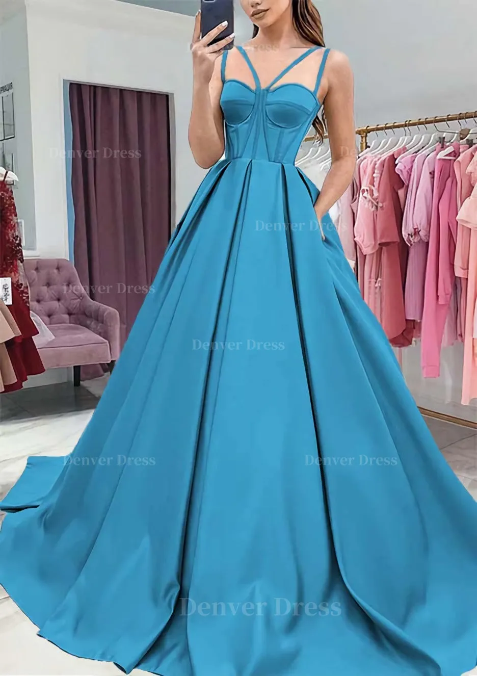 A-line Sweetheart Sleeveless Satin Sweep Train Prom Dress With Pockets