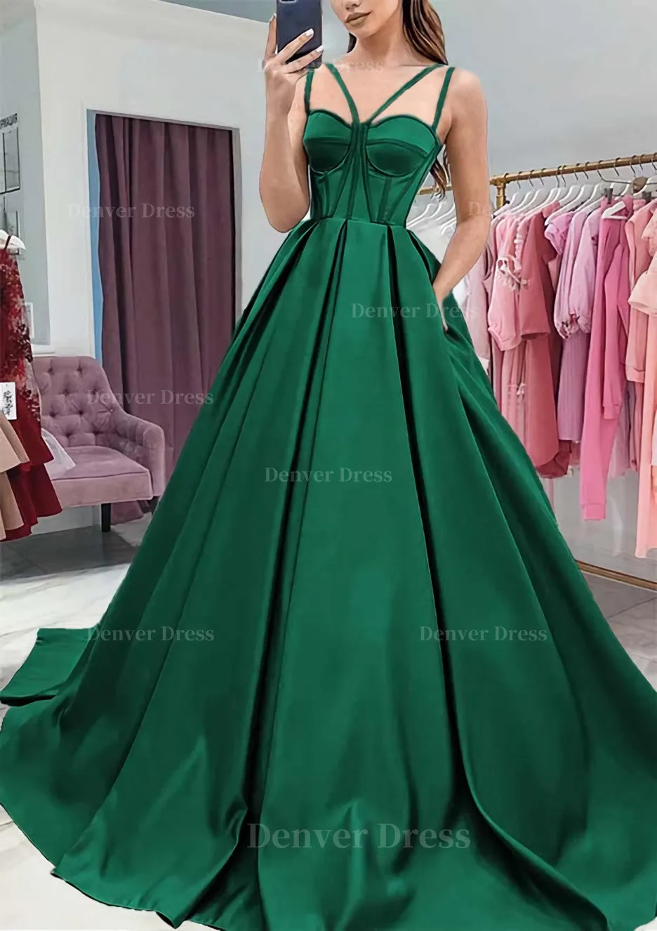 A-line Sweetheart Sleeveless Satin Sweep Train Prom Dress With Pockets