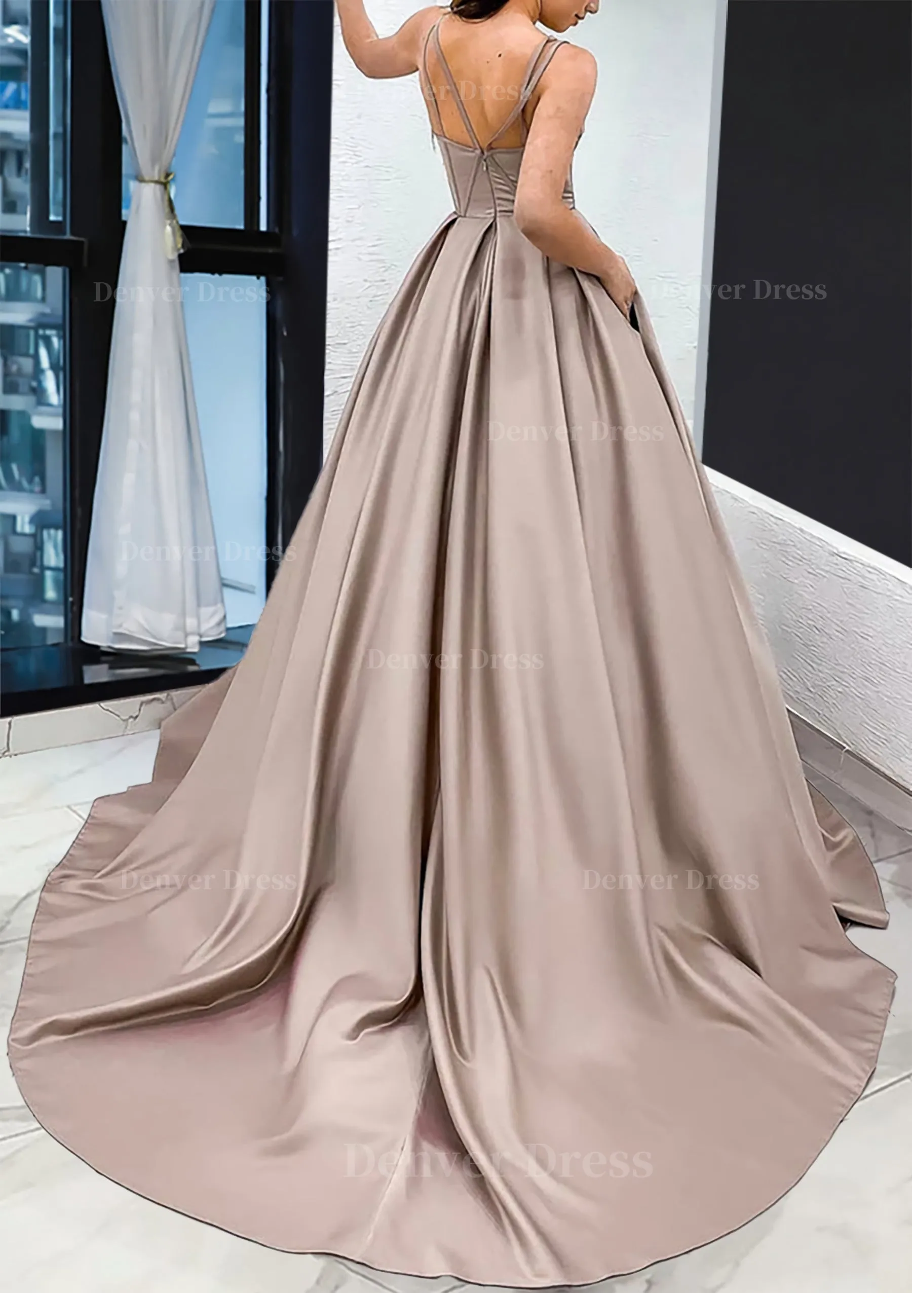 A-line Sweetheart Sleeveless Satin Sweep Train Prom Dress With Pockets