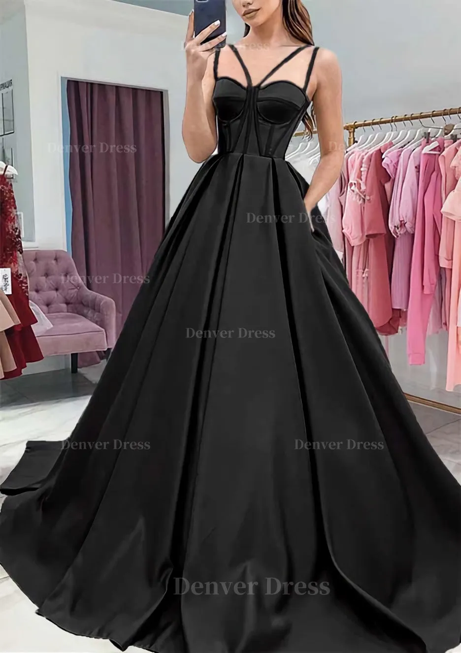 A-line Sweetheart Sleeveless Satin Sweep Train Prom Dress With Pockets