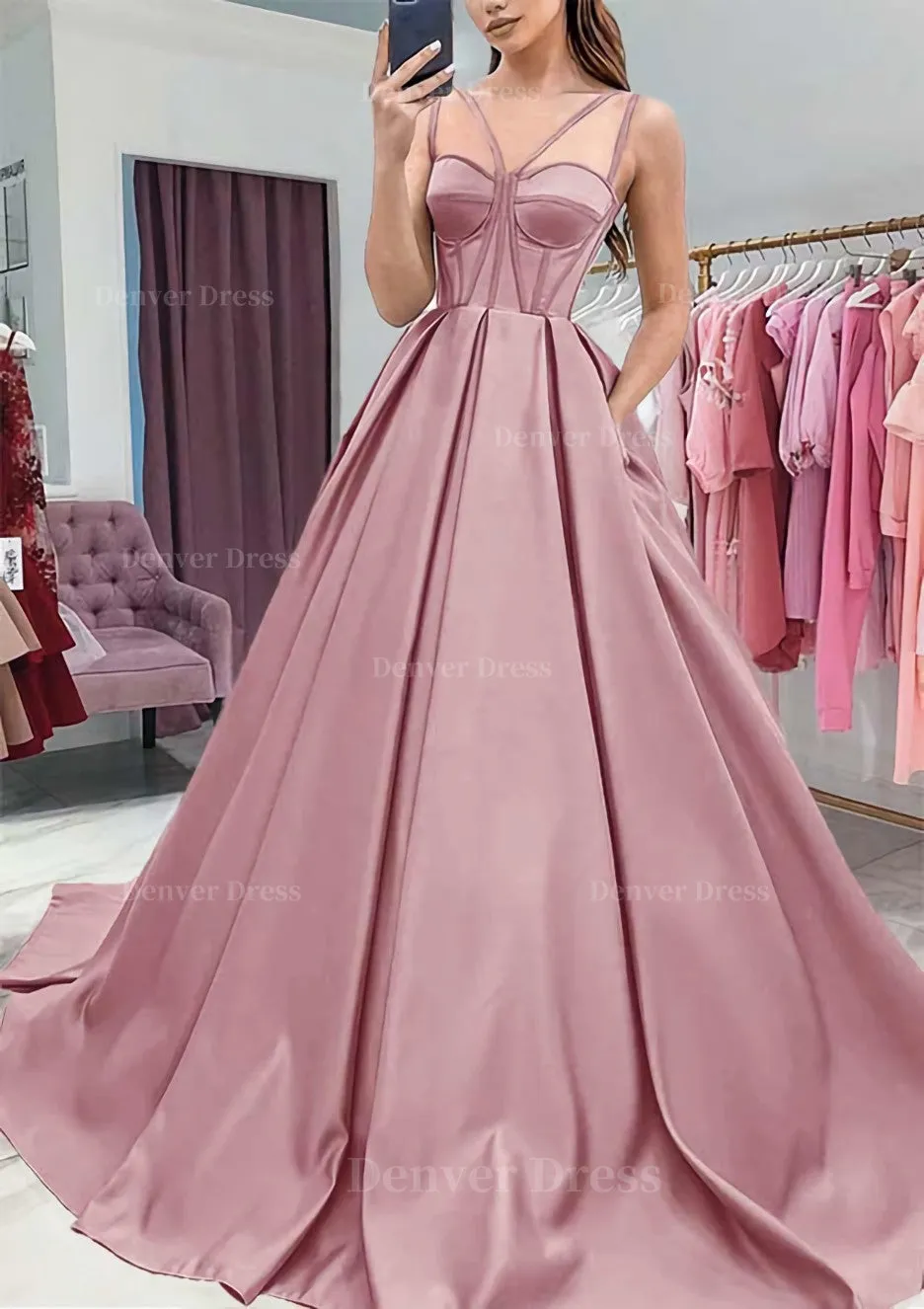 A-line Sweetheart Sleeveless Satin Sweep Train Prom Dress With Pockets