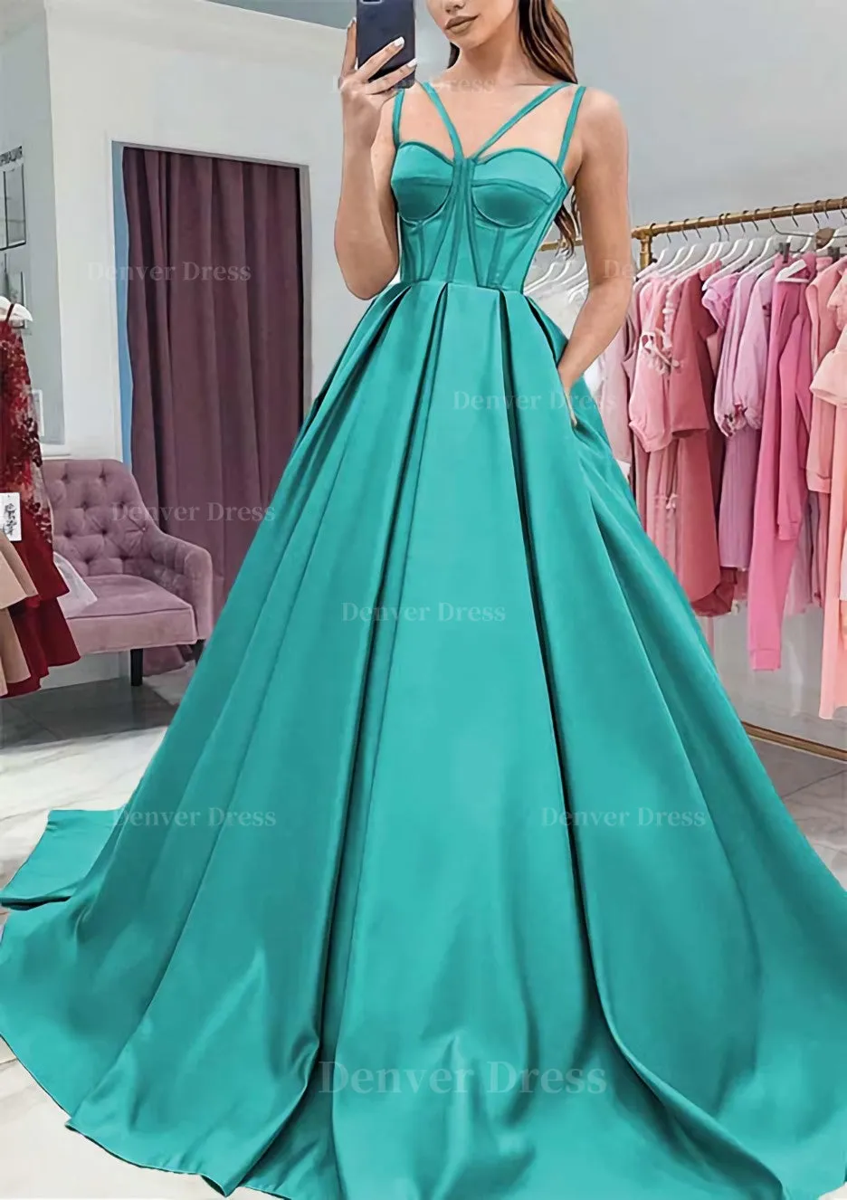 A-line Sweetheart Sleeveless Satin Sweep Train Prom Dress With Pockets