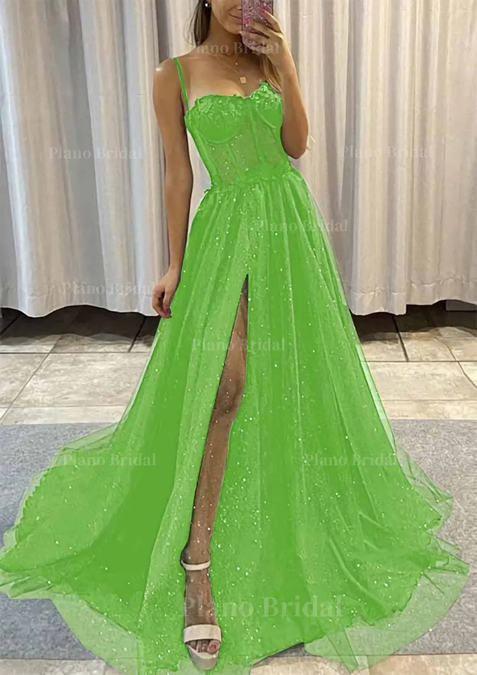 A-line Sweetheart Spaghetti Straps Sweep Train Tulle Glitter Prom Dress With Appliqued