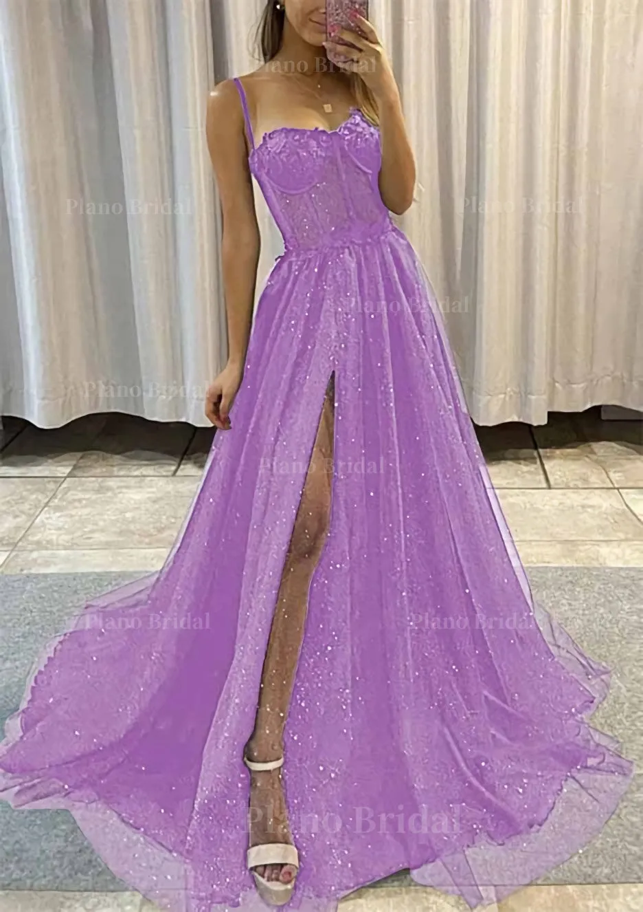 A-line Sweetheart Spaghetti Straps Sweep Train Tulle Glitter Prom Dress With Appliqued