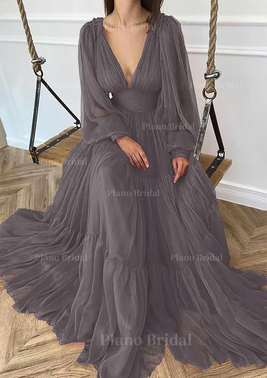 A-line V Neck Full/Long Sleeve Long/Floor-Length Chiffon Prom Dress With Pleated