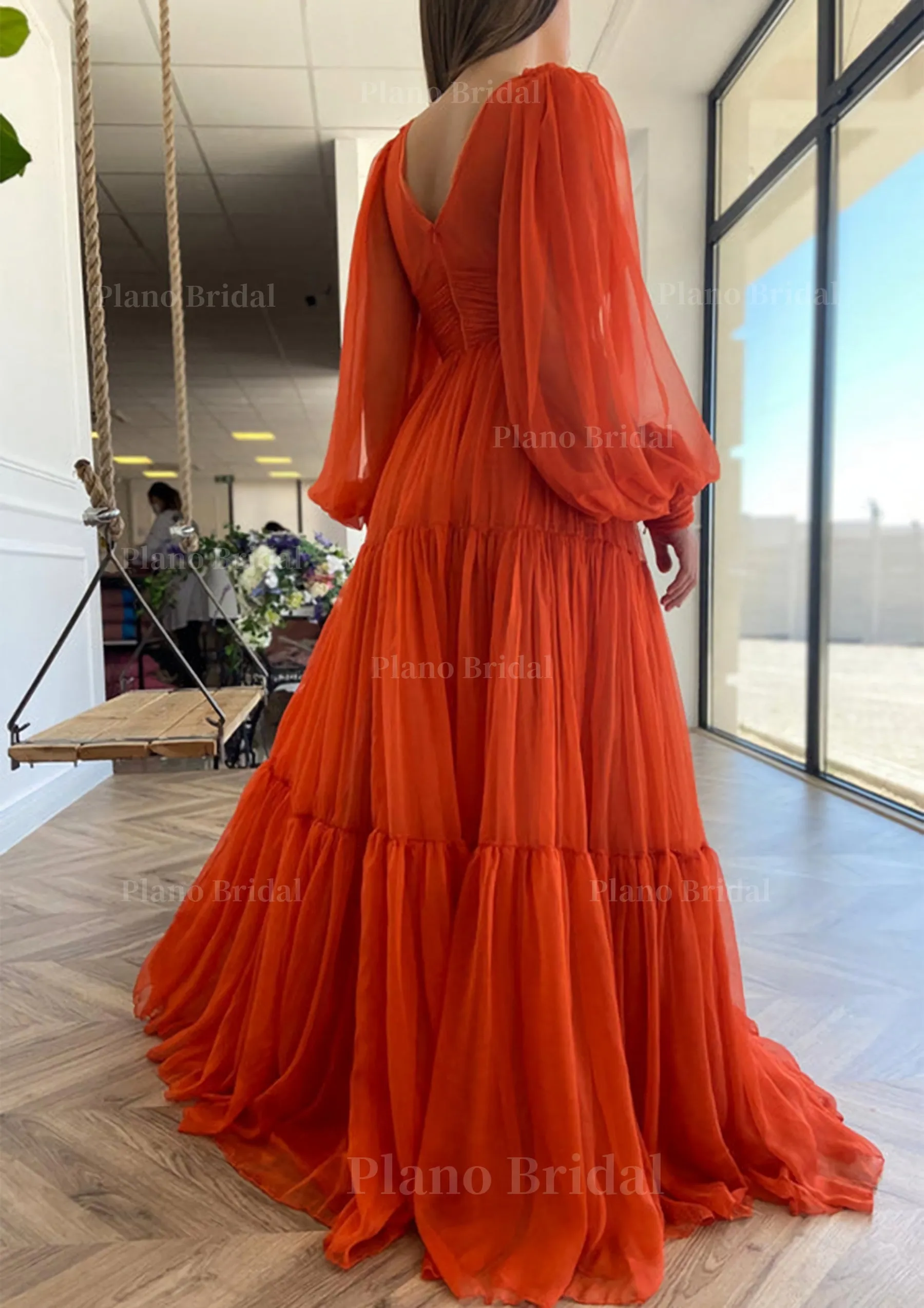 A-line V Neck Full/Long Sleeve Long/Floor-Length Chiffon Prom Dress With Pleated